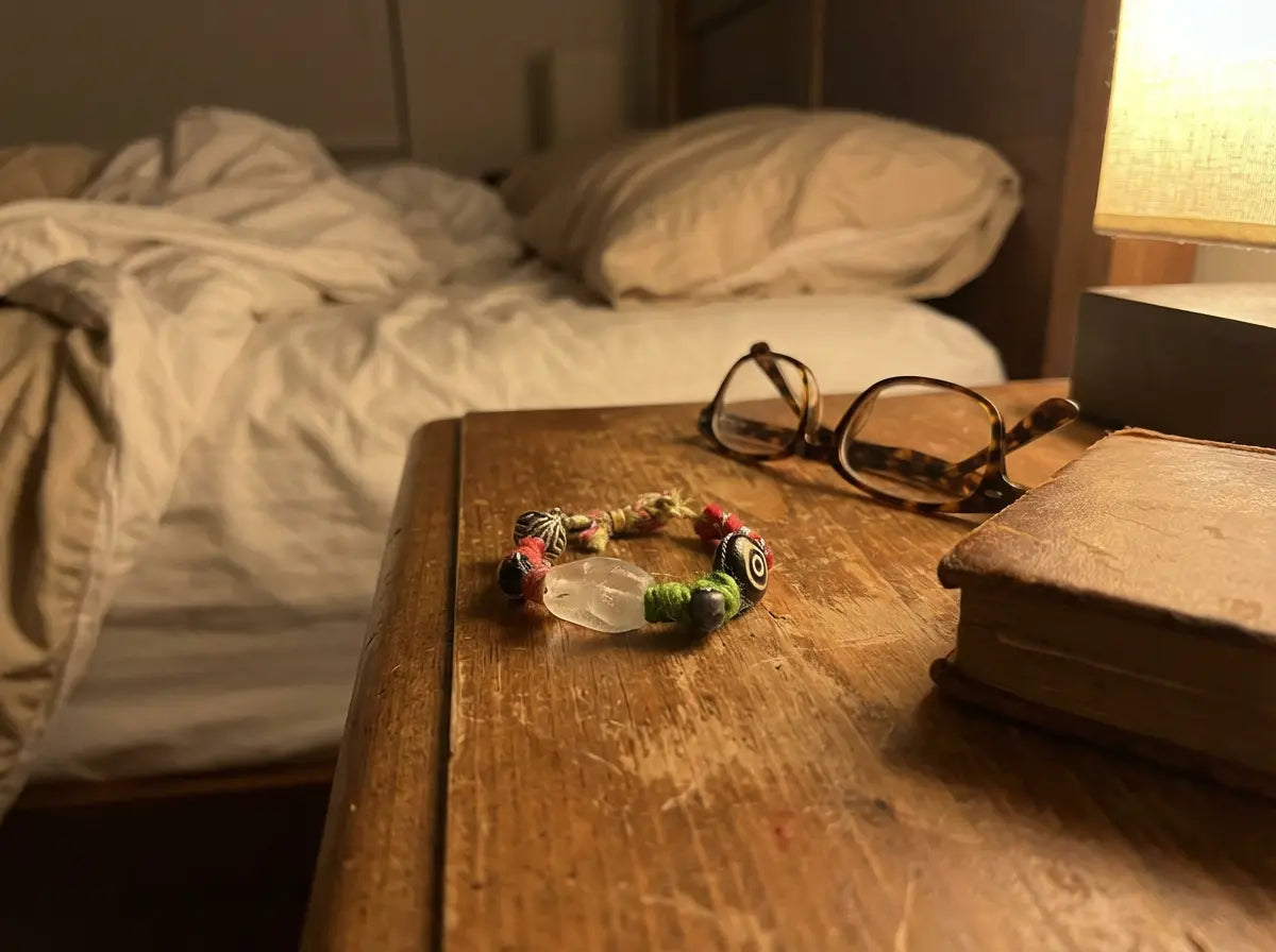 Wooden nightstand with a glass bottle, colorful bracelet, and reading glasses in a bedroom setting.