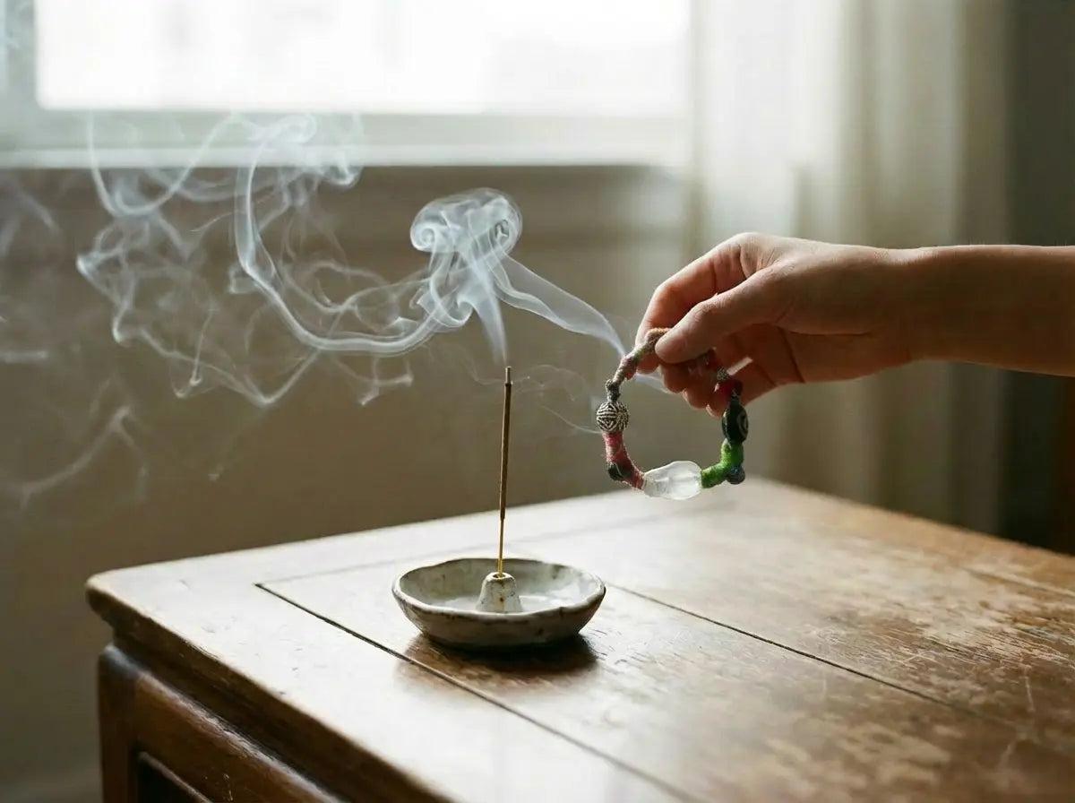 Hand holding energy bracelet close to incense stick over a small dish with smoke rising on a wooden surface.