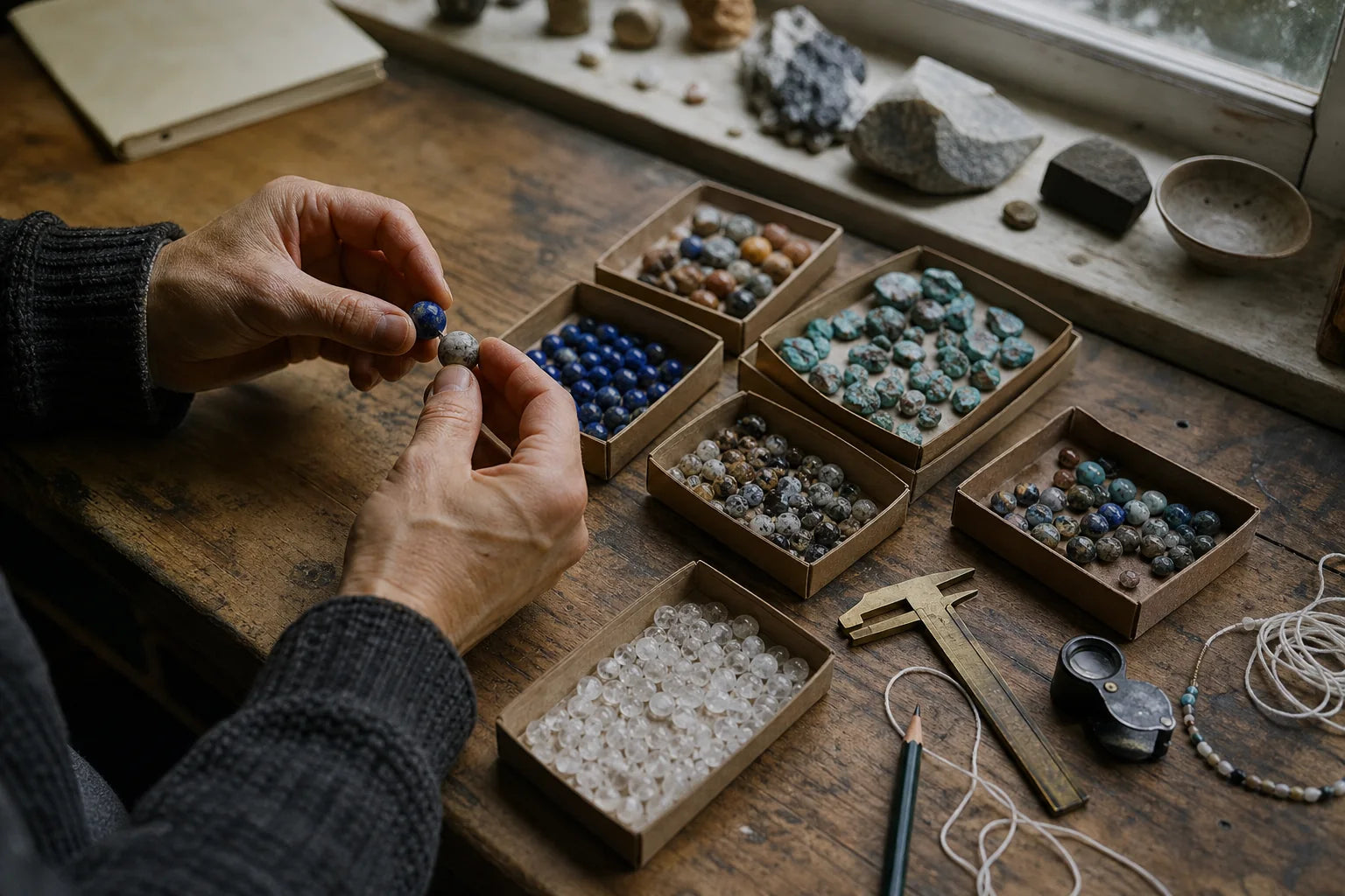 Editorial image of a maker sorting natural stone beads by material