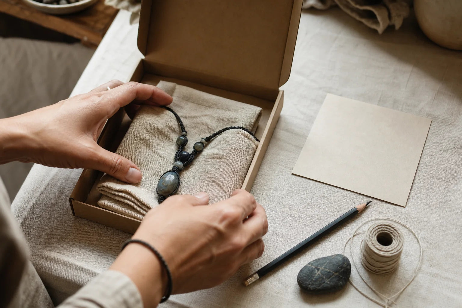 Editorial image of a hand-knotted talisman being packed in linen