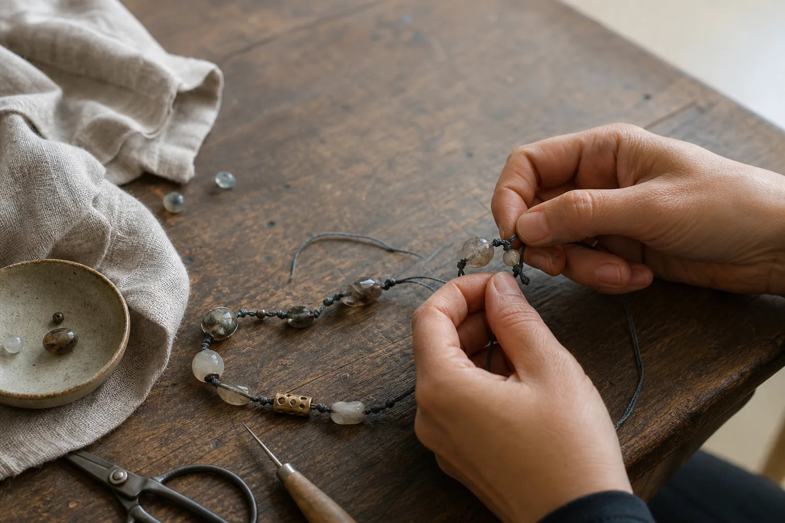 Editorial image of a maker hand-knotting a natural stone talisman