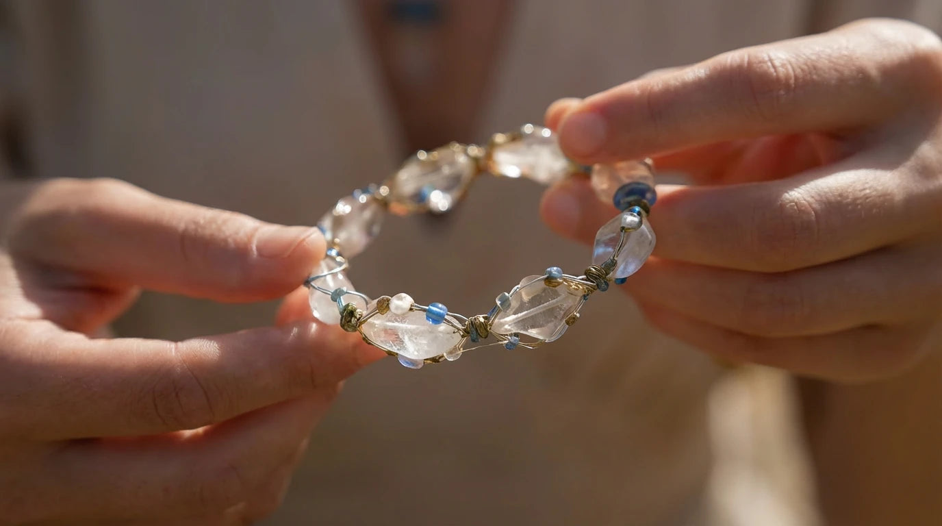 Close-up of hands holding a crystal bracelet against a blurred background
