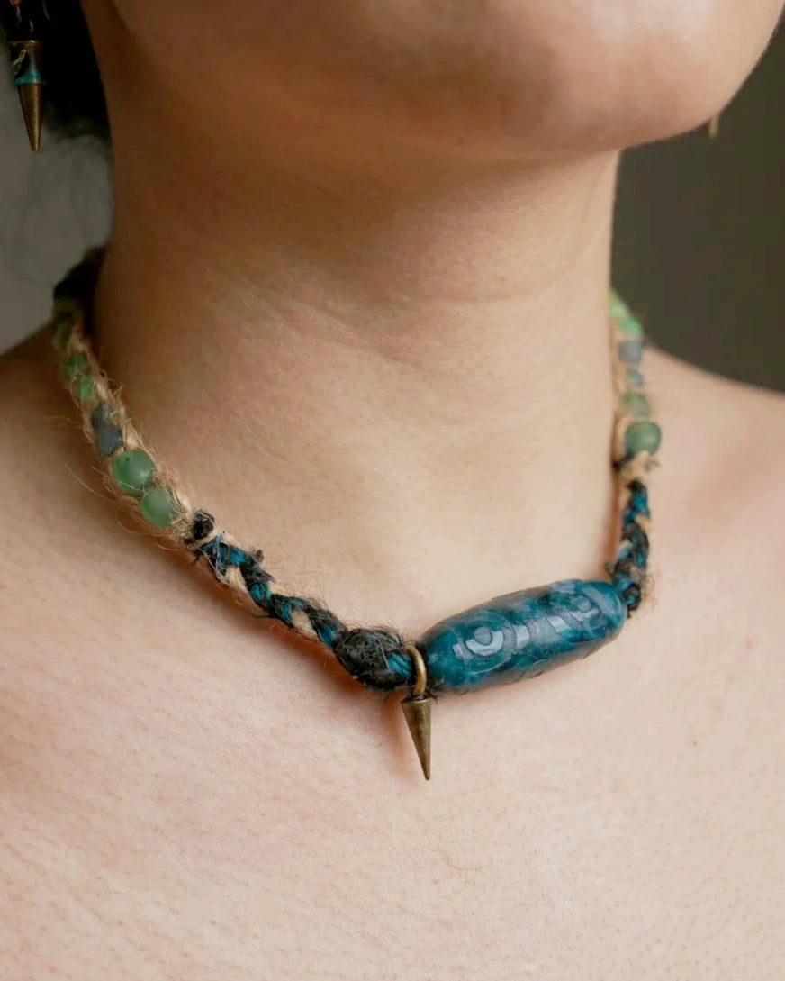 Side view of The Axis #39 fixed 41 cm moss agate choker worn