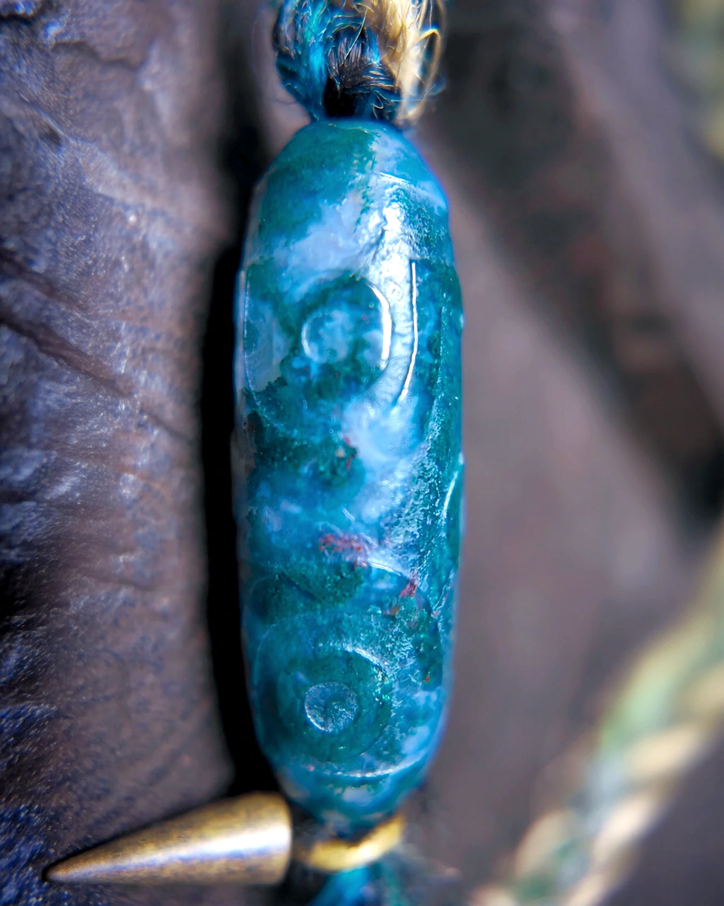 Close detail of the moss agate focal and oxidized copper bead