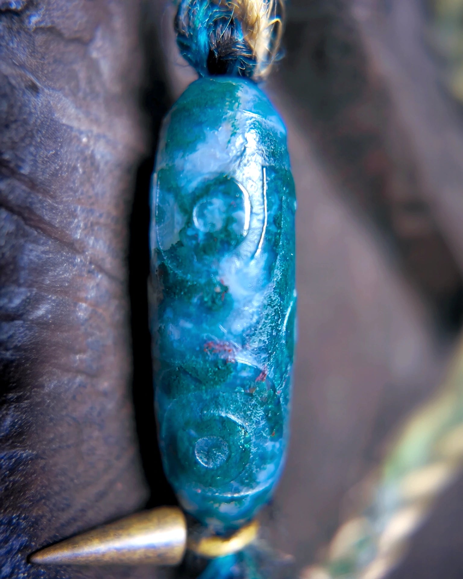 Close detail of the moss agate focal and oxidized copper bead