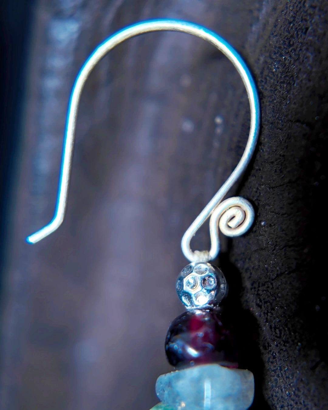 Detail of the silver-plated copper hook, lapis and antiqued silver-tone bead