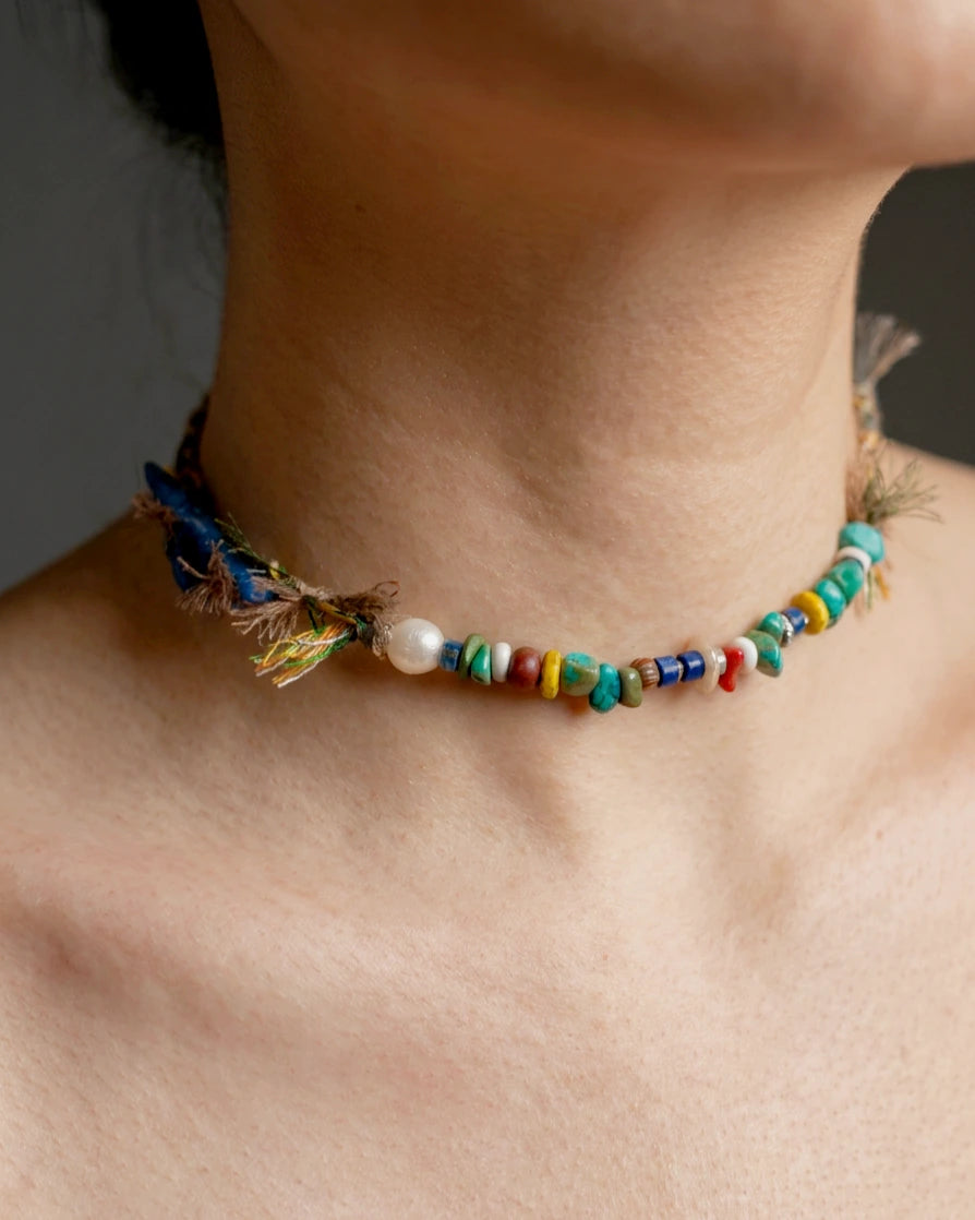 The Gatherer #37 worn as a close carved lapis and mixed-stone choker