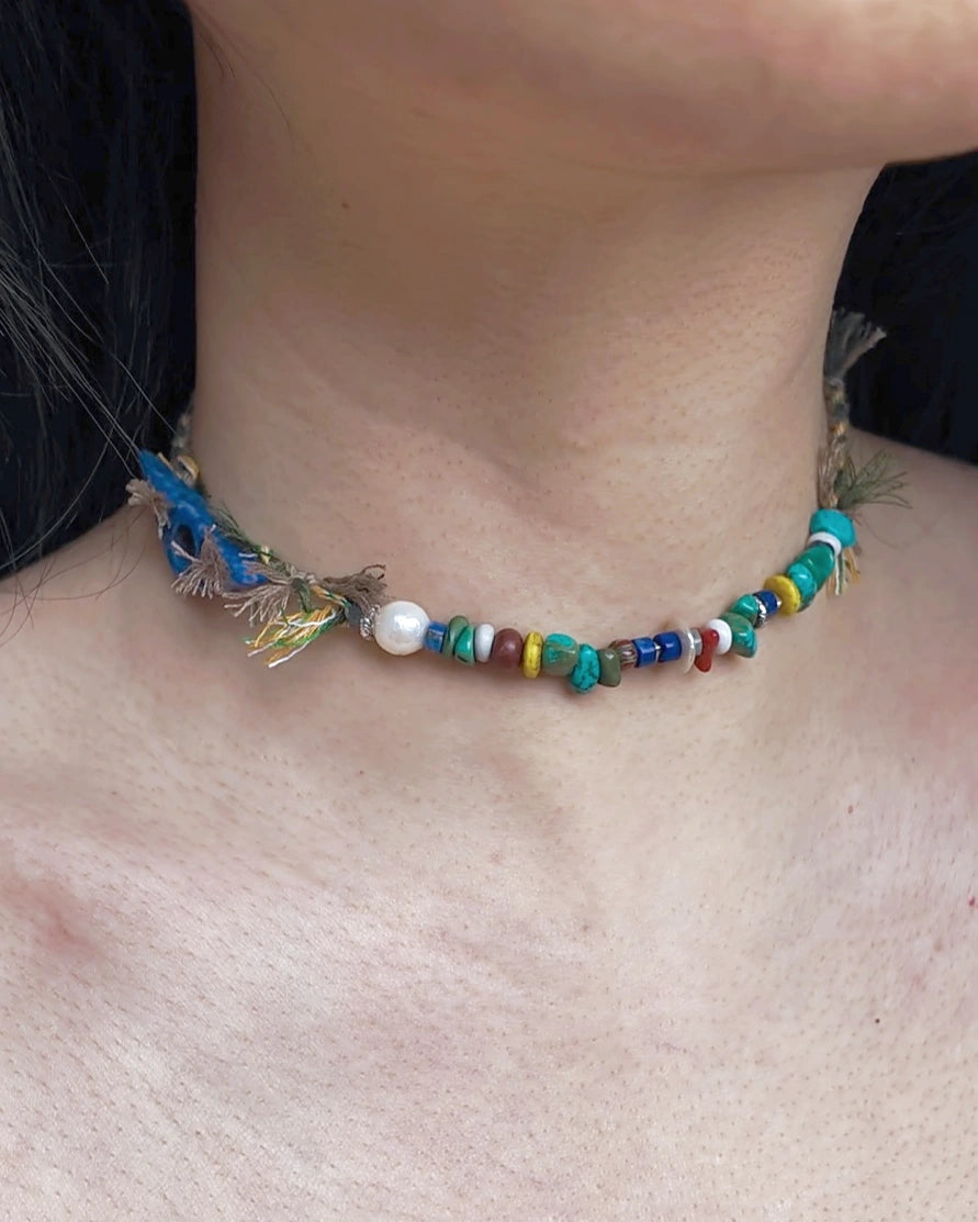 The Gatherer #37 worn as a close carved lapis and mixed-stone choker