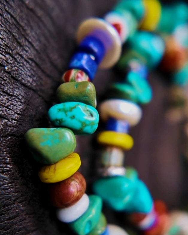 Detail of dyed magnesite, red creek jasper, lapis and old glass beads in The Gatherer #37