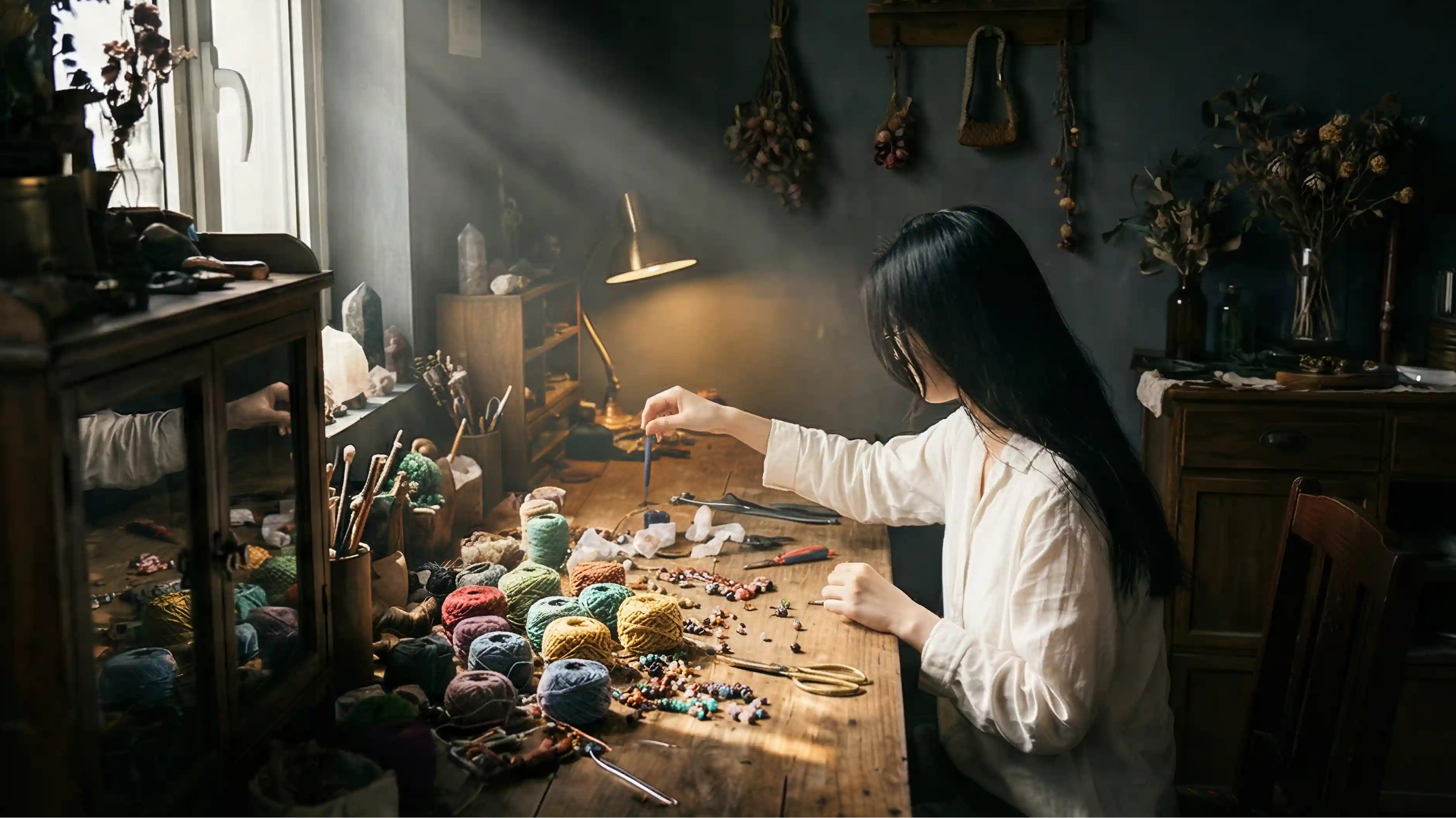 Woman working with yarn and beads in a cozy, dimly lit room