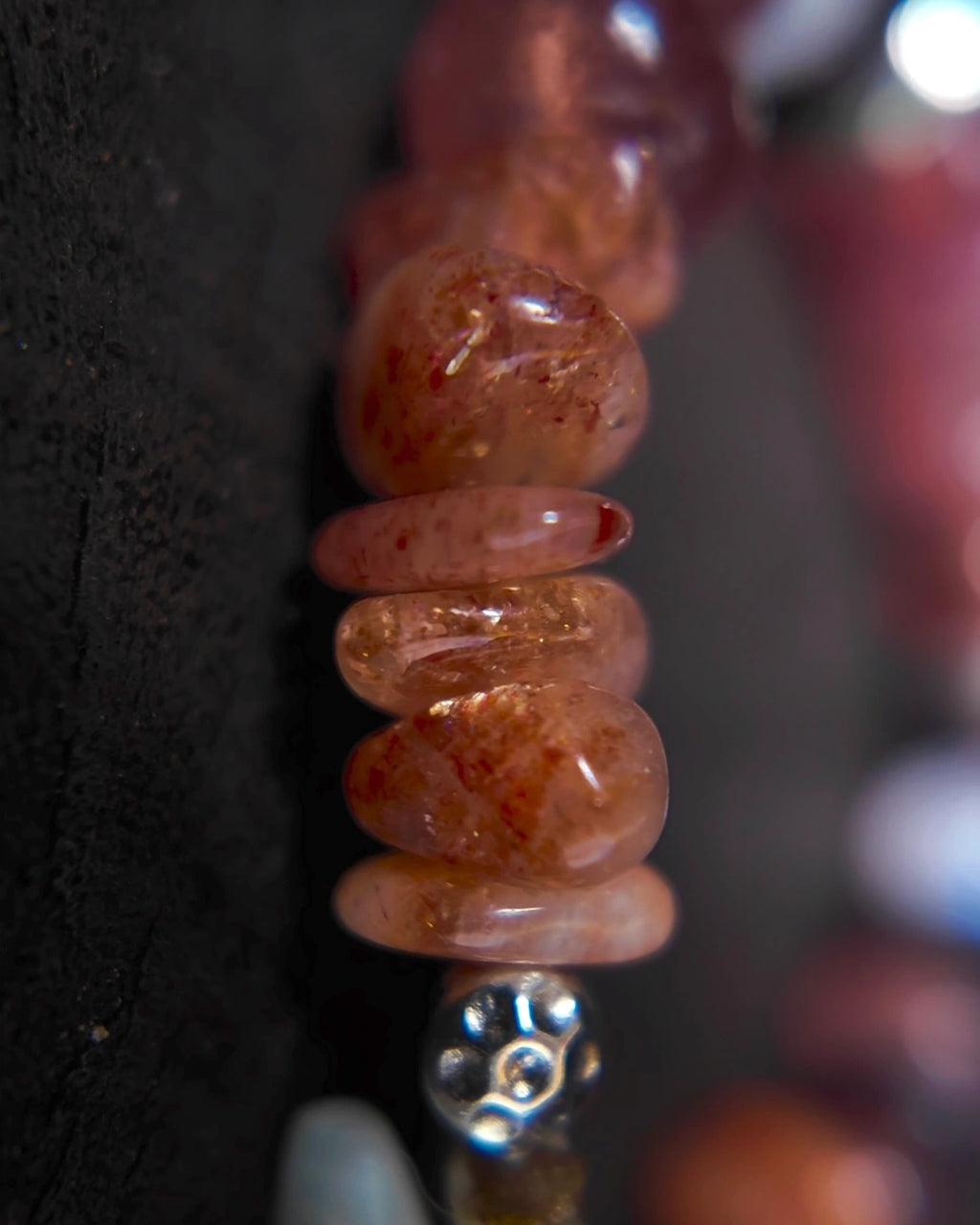 Macro detail of sunstone beads in The Kindling #34 bracelet