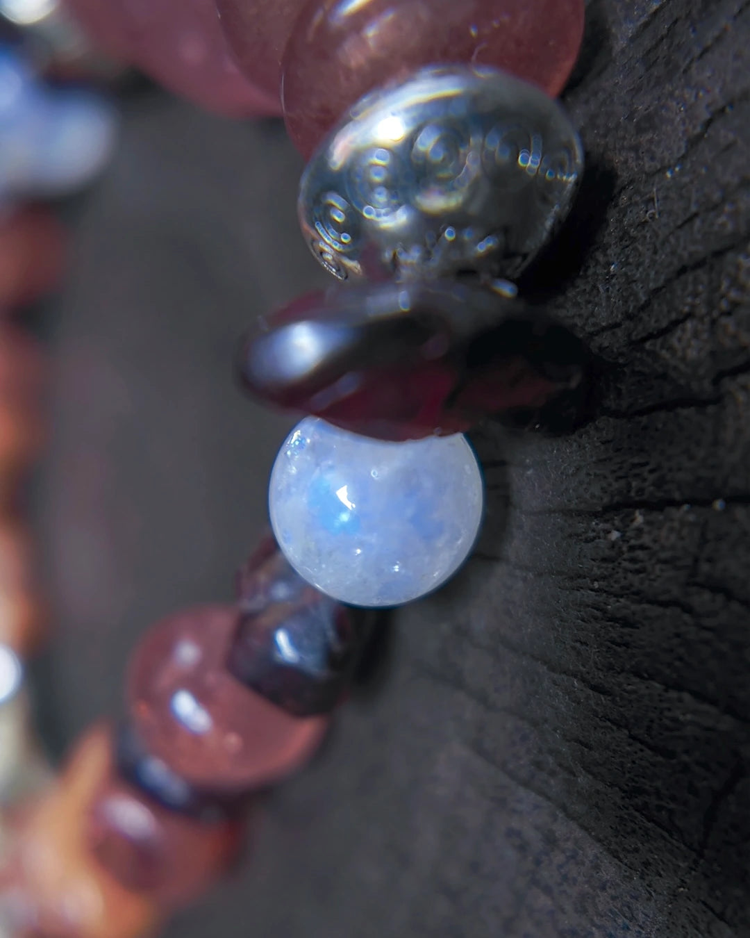 Blue moonstone and antiqued metal spacer detail on The Kindling #34