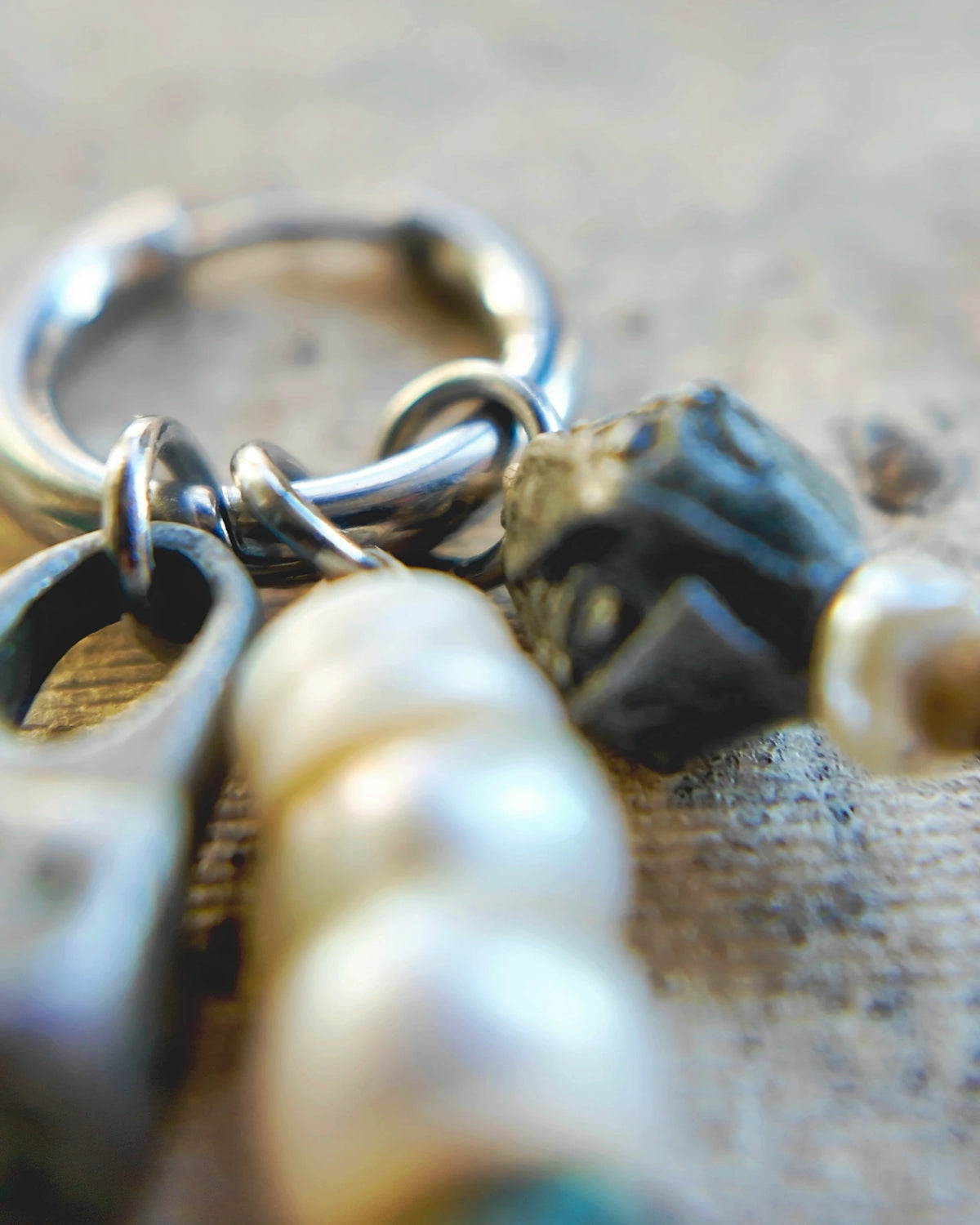 The Littoral #51: Hoop and patterned Tibetan silver bead with small pearl accent