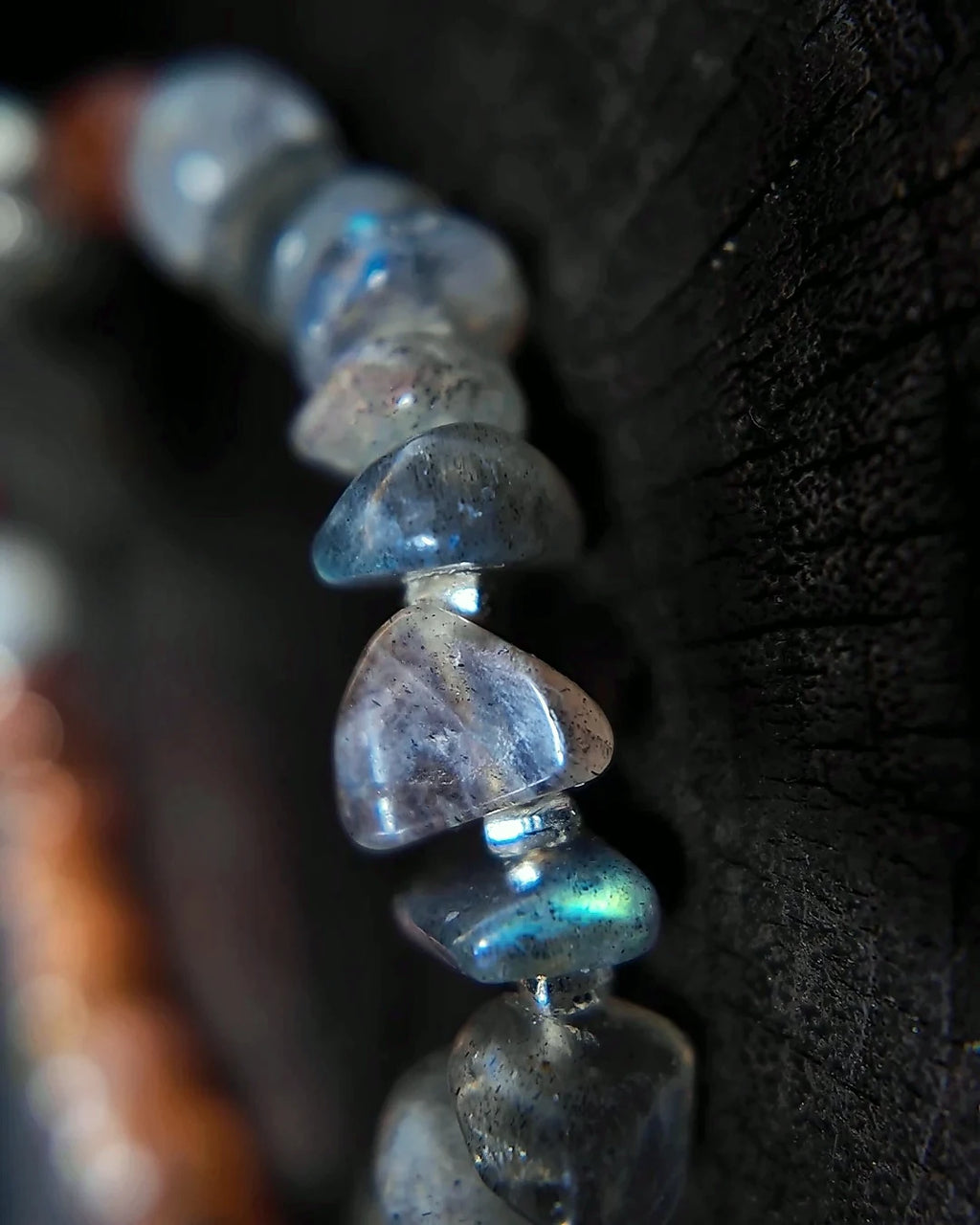 Grey labradorite or grey moonstone bead detail on The Lucent #35 bracelet