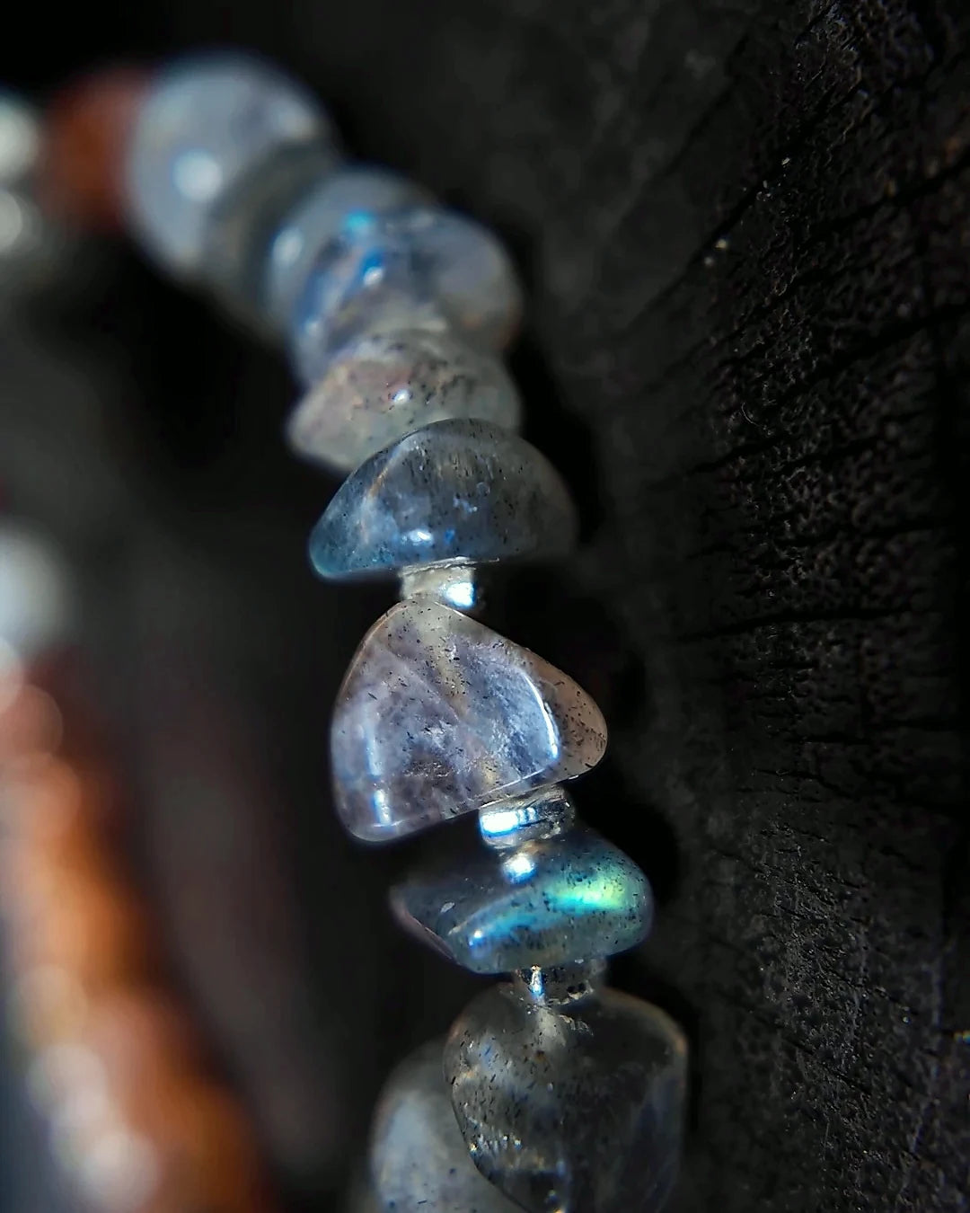 Grey labradorite or grey moonstone bead detail on The Lucent #35 bracelet