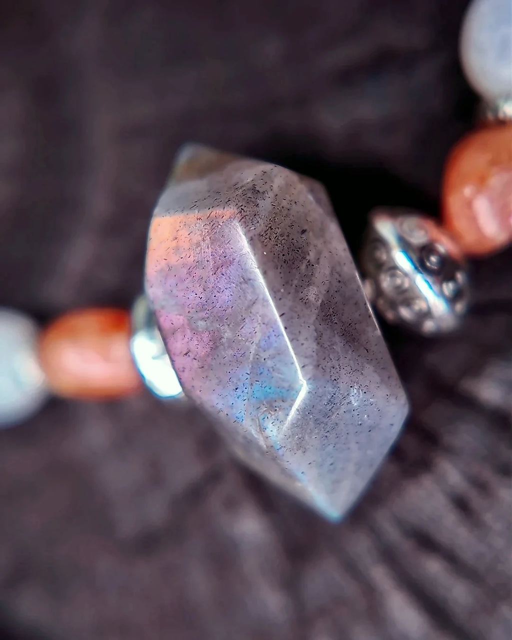 Close labradorite flash detail on The Lucent #35 bracelet
