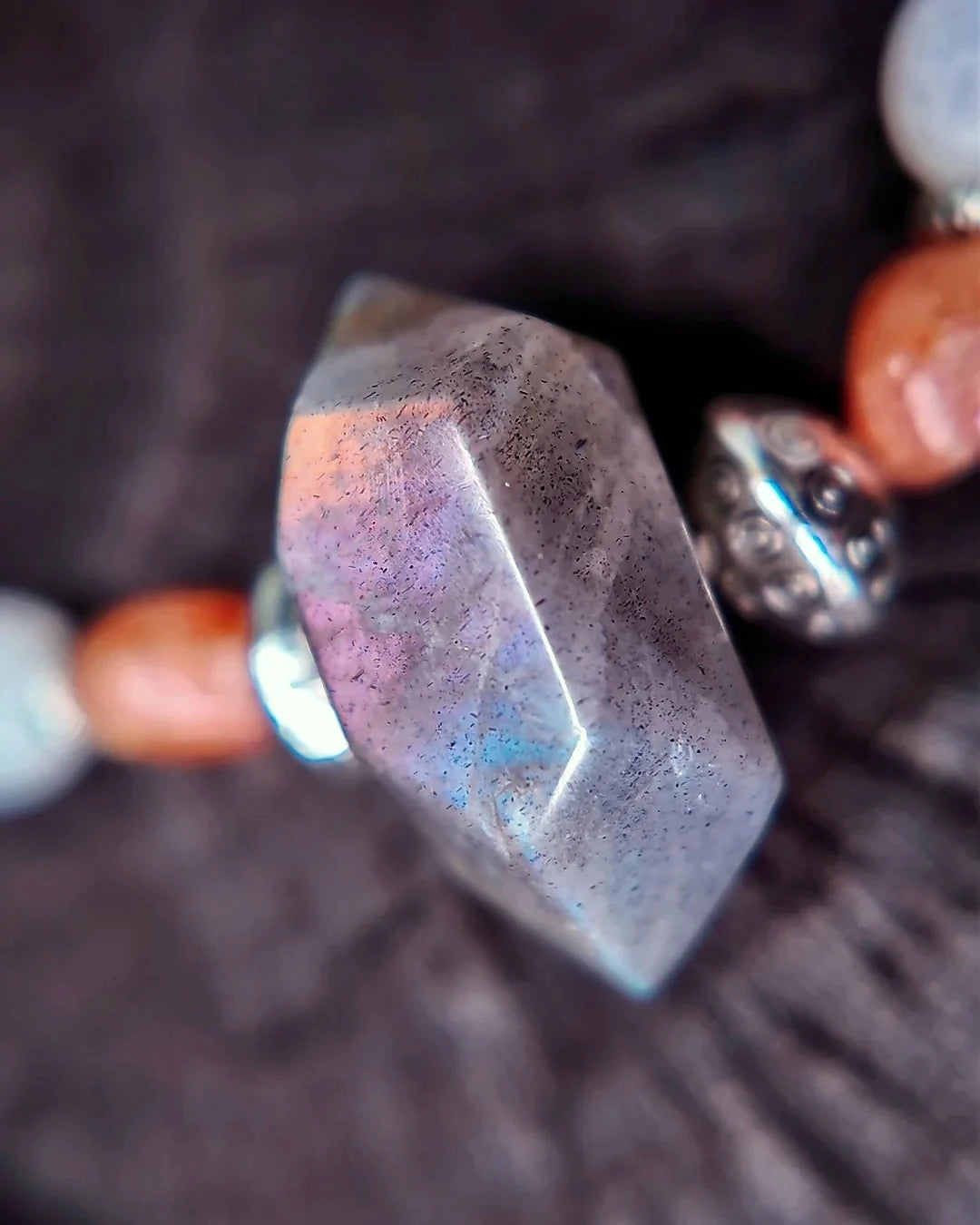 Close labradorite flash detail on The Lucent #35 bracelet