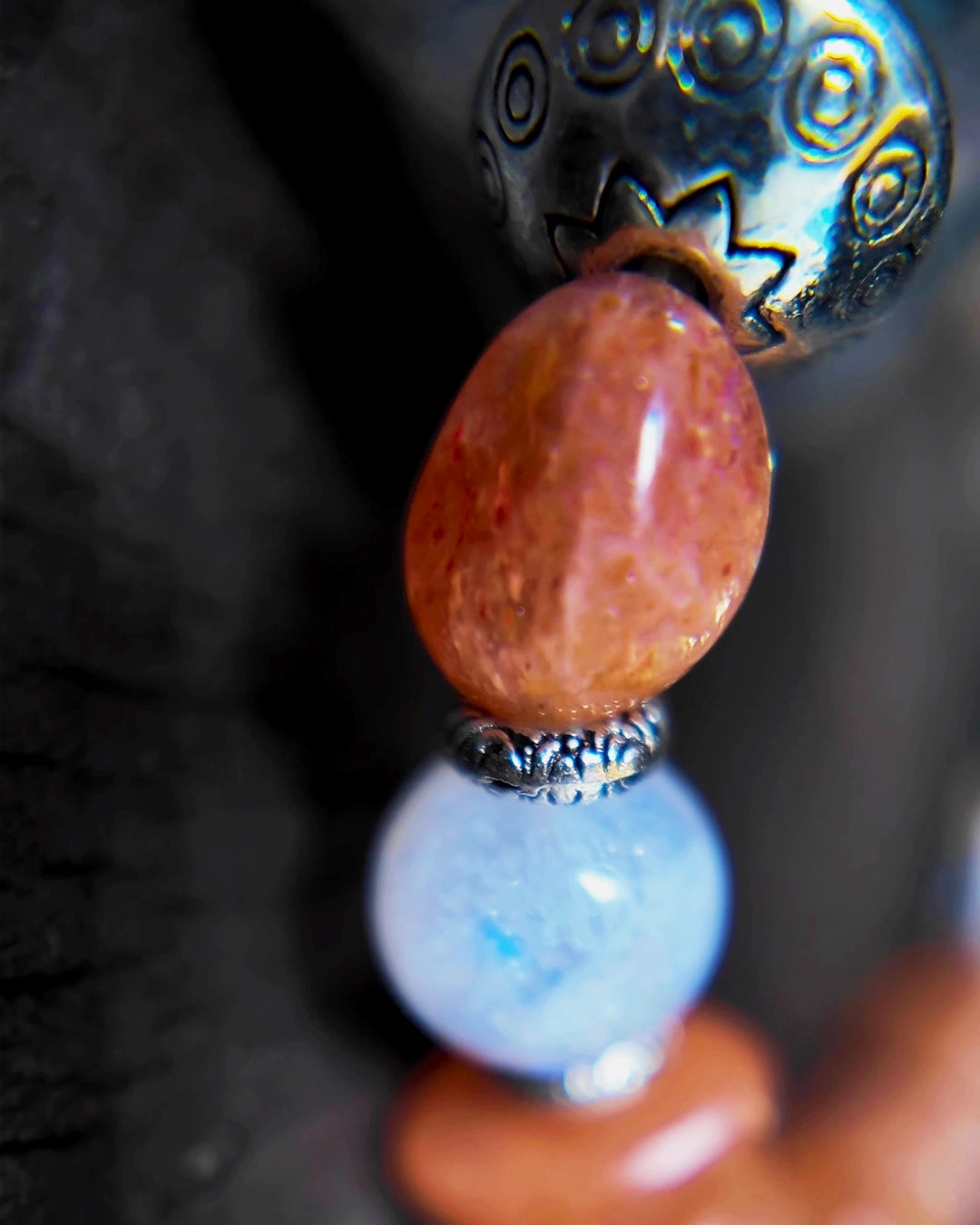 Sunstone, blue moonstone and antiqued metal accent detail on The Lucent #35 bracelet