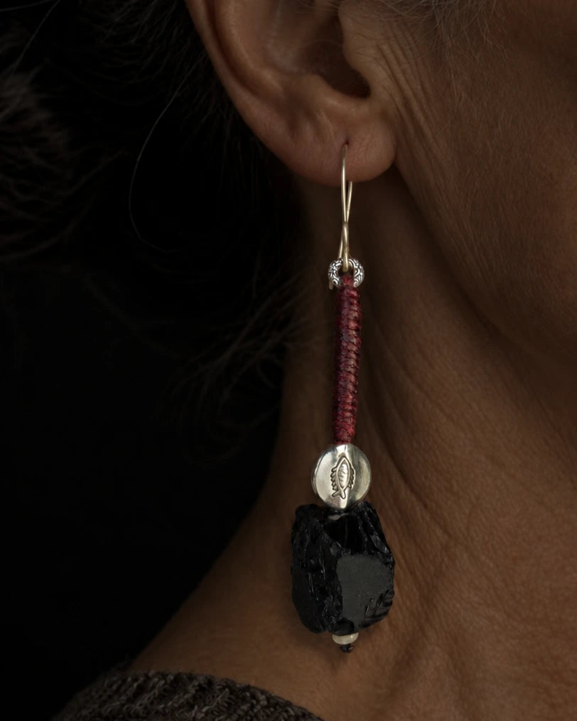 The Nightglass #53: Black obsidian earring worn in profile with dark clothing