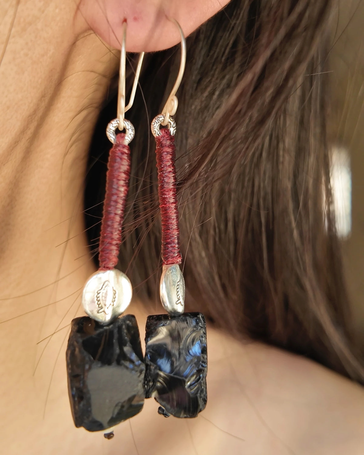 The Nightglass #53: Both earrings shown together for comparison of the obsidian shapes