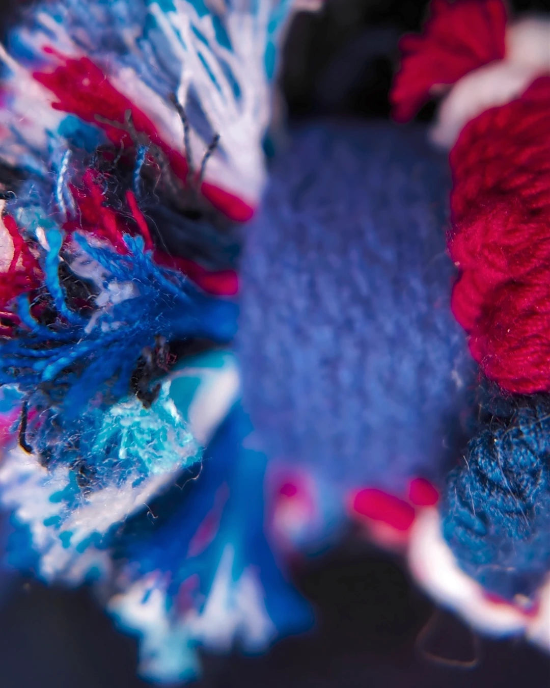 Macro view of the red, blue and white cotton fibers and wrapped yarn construction