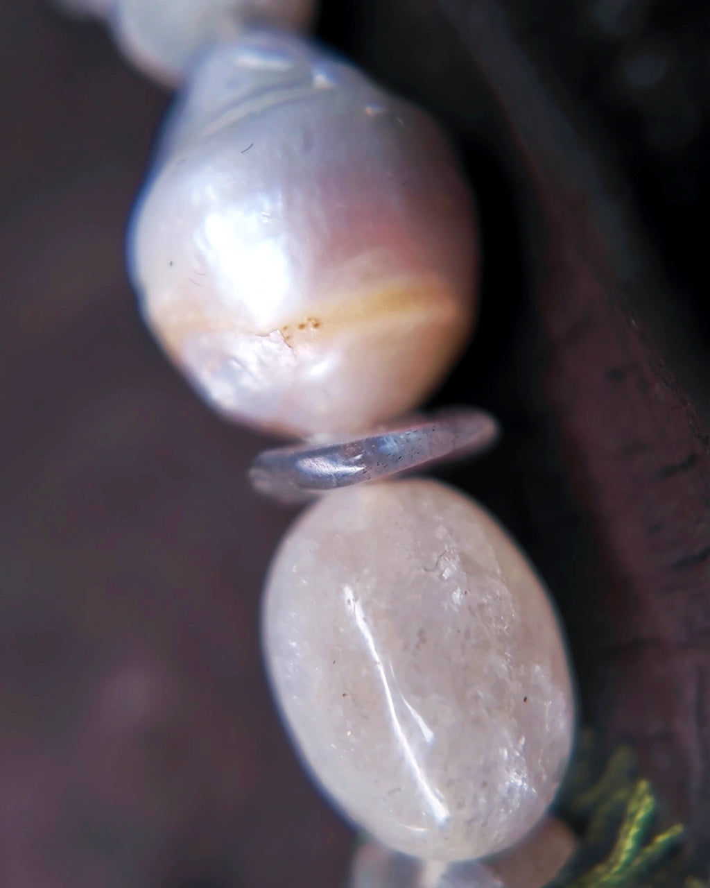 Baroque pearl, blue moonstone and labradorite spacer detail on The Threshold #36 choker