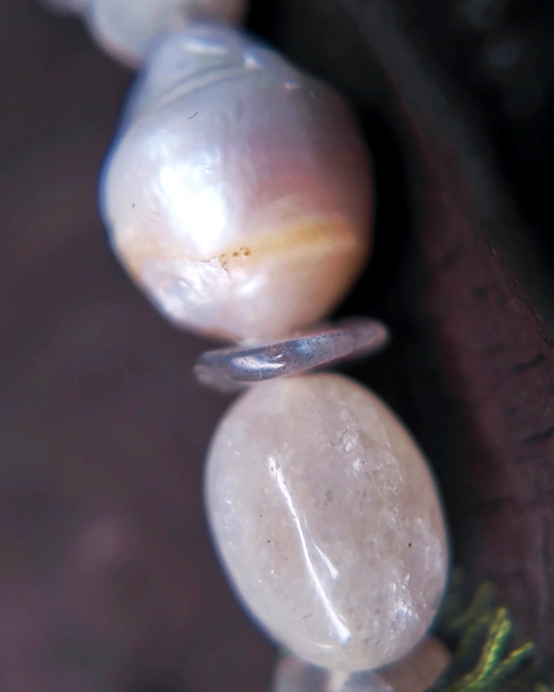 Baroque pearl, blue moonstone and labradorite spacer detail on The Threshold #36 choker