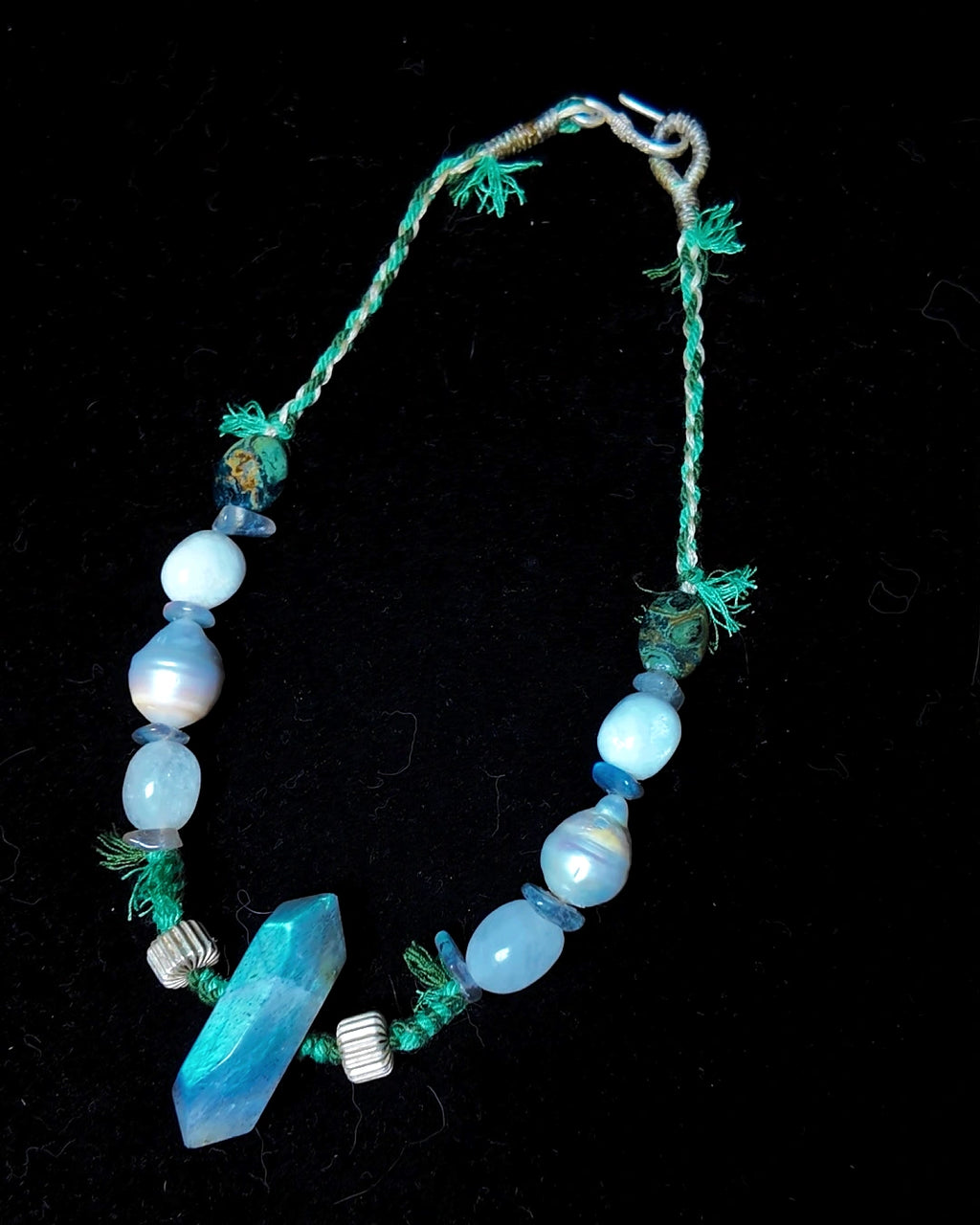 Full view of The Threshold #36 labradorite, baroque pearl and moonstone choker on black