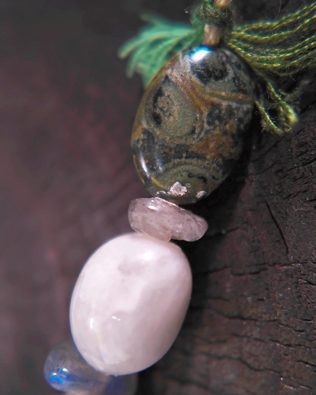 Kambaba Jasper and pale Labradorite bead sold as White Moonstone detail on The Threshold 36 choker