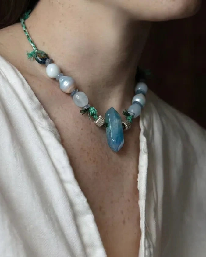 The Threshold 36 Labradorite and Baroque Pearl choker with pale Labradorite beads sold as White Moonstone, worn in side view