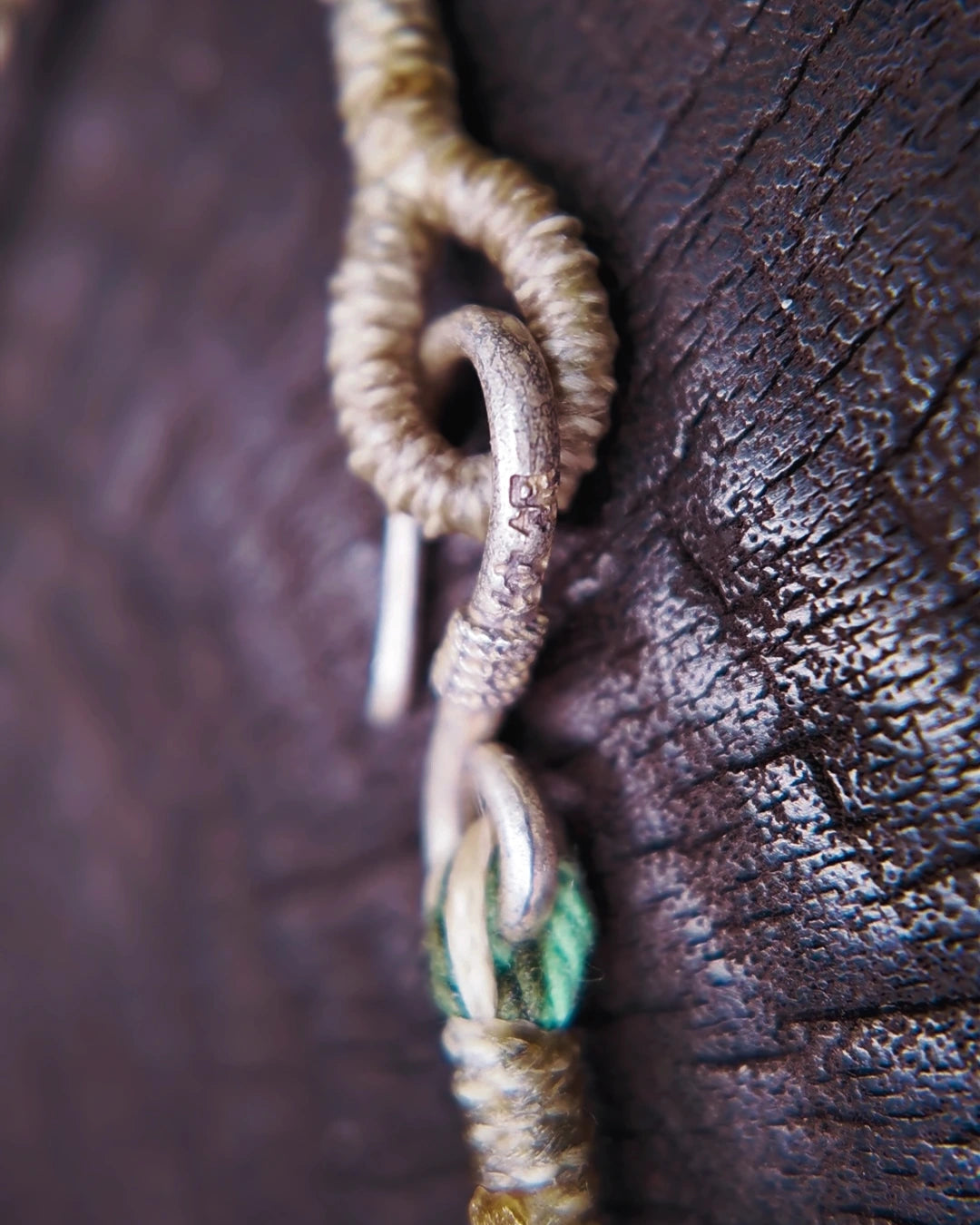 Oxidized silver-tone S-hook and wrapped cotton cord closure on The Threshold #36 choker