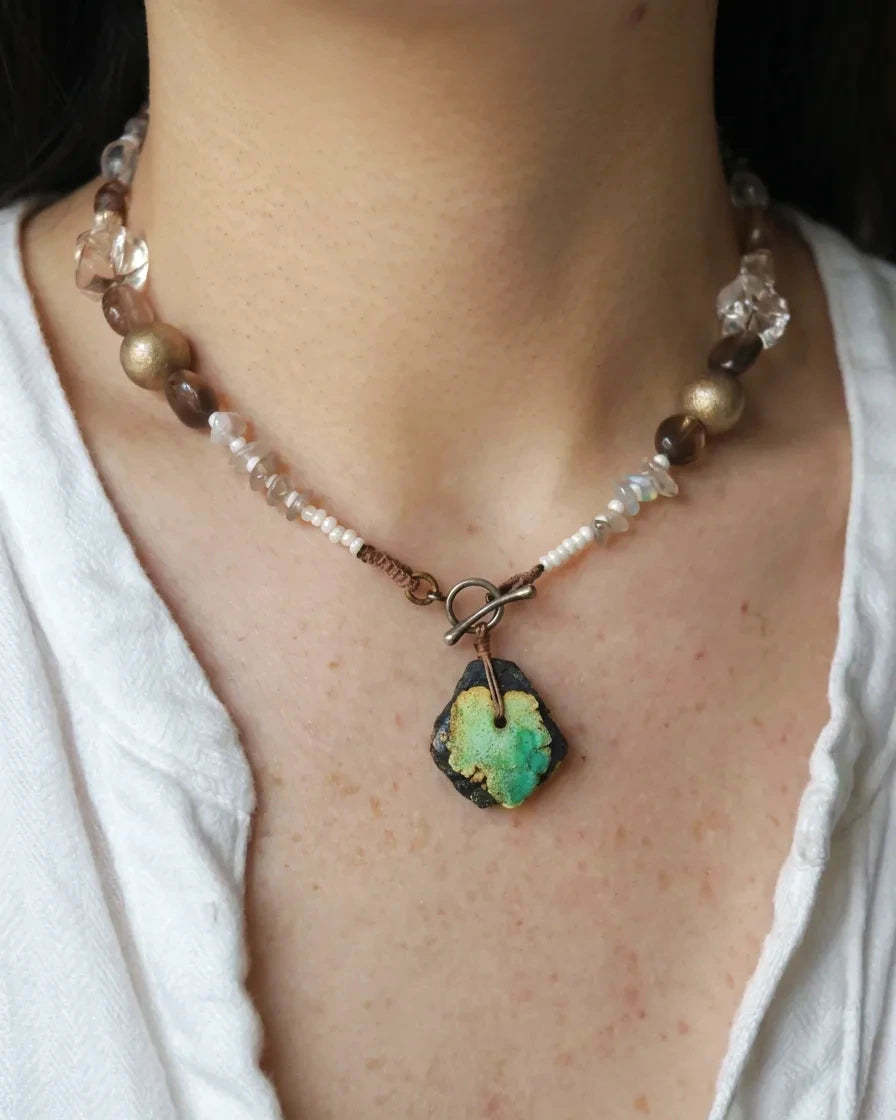 The Tidepool #50: Natural turquoise and quartz necklace worn with an open white shirt