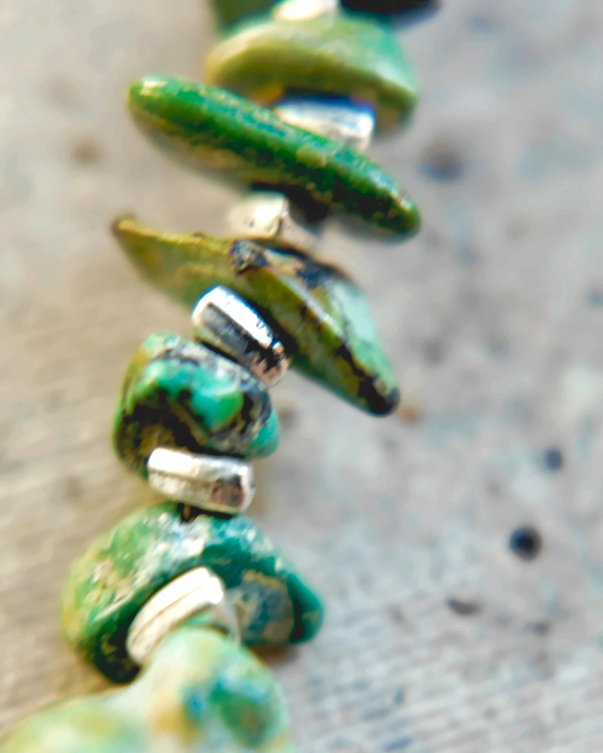 The Tidepool #50: Natural turquoise chips and metal spacers along the back strand