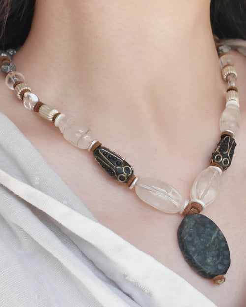 The Waymark #49 green jasper and quartz necklace worn with a white linen shirt