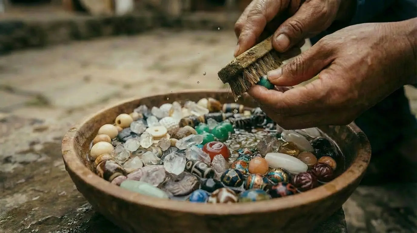 Person gently washing and brushing small stones and crystals in a basin filled with water.