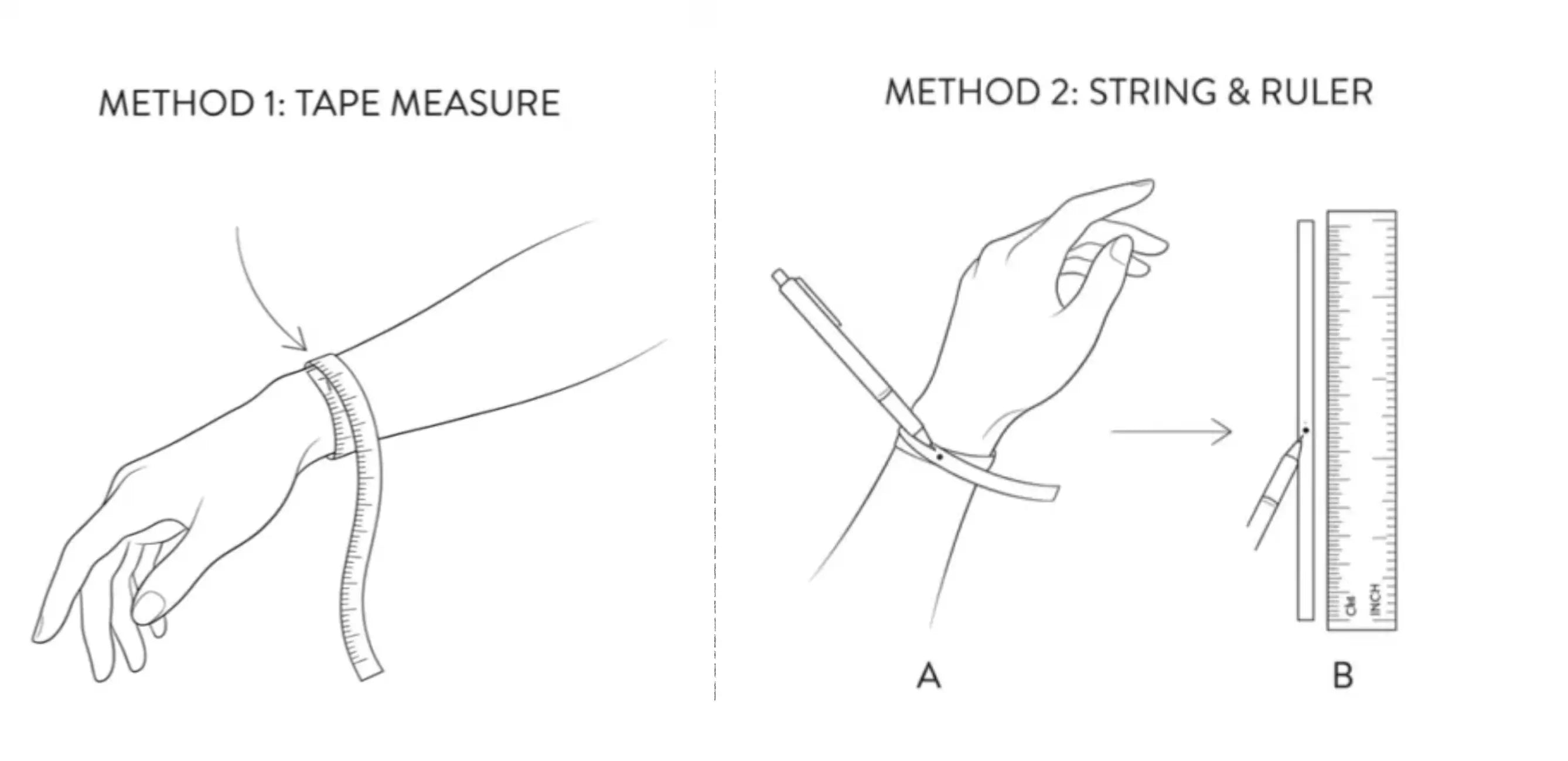 Illustration showing two methods for measuring wrist size using a tape measure and string with a ruler.