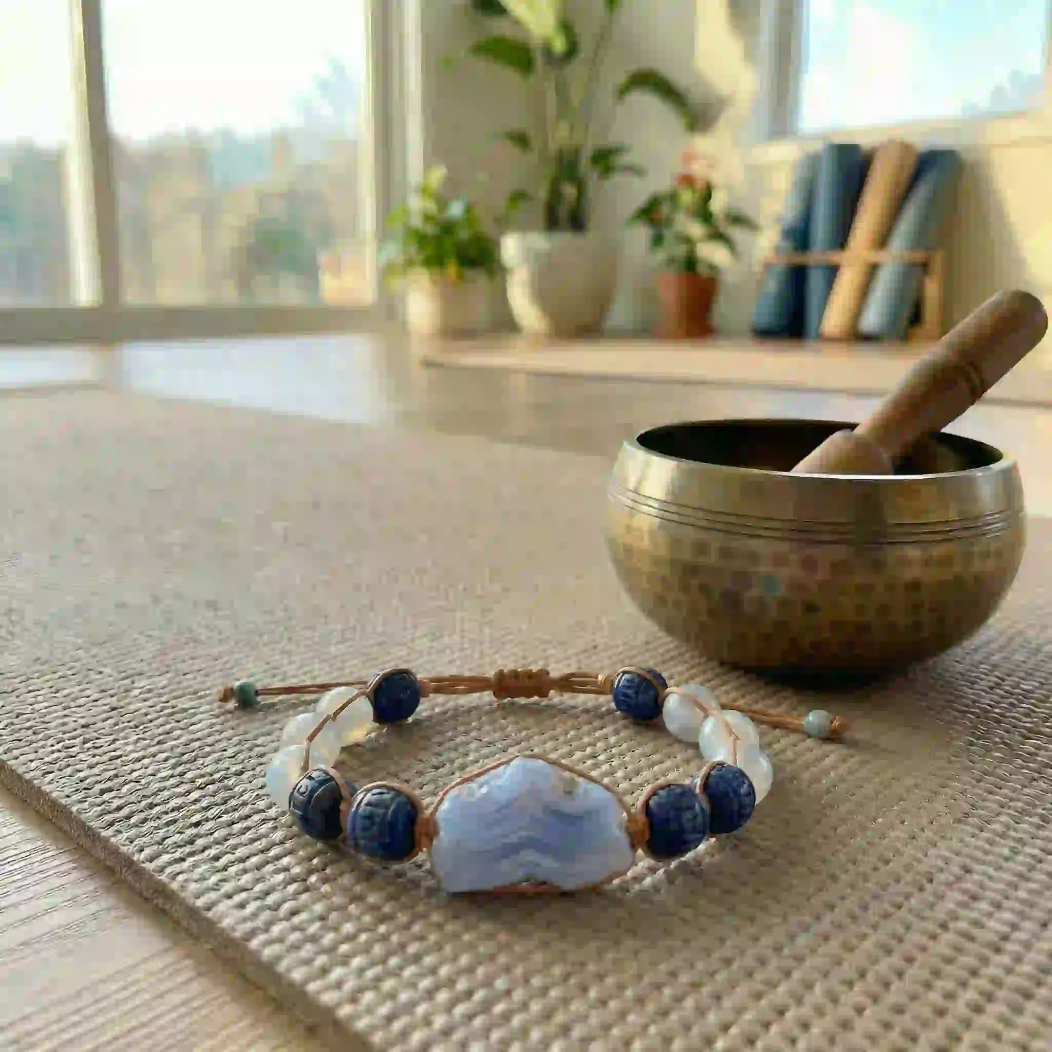 Bracelet with blue lace agate and carved lapis lazuli stones and a singing bowl on a yoga mat in a room with plants and books.