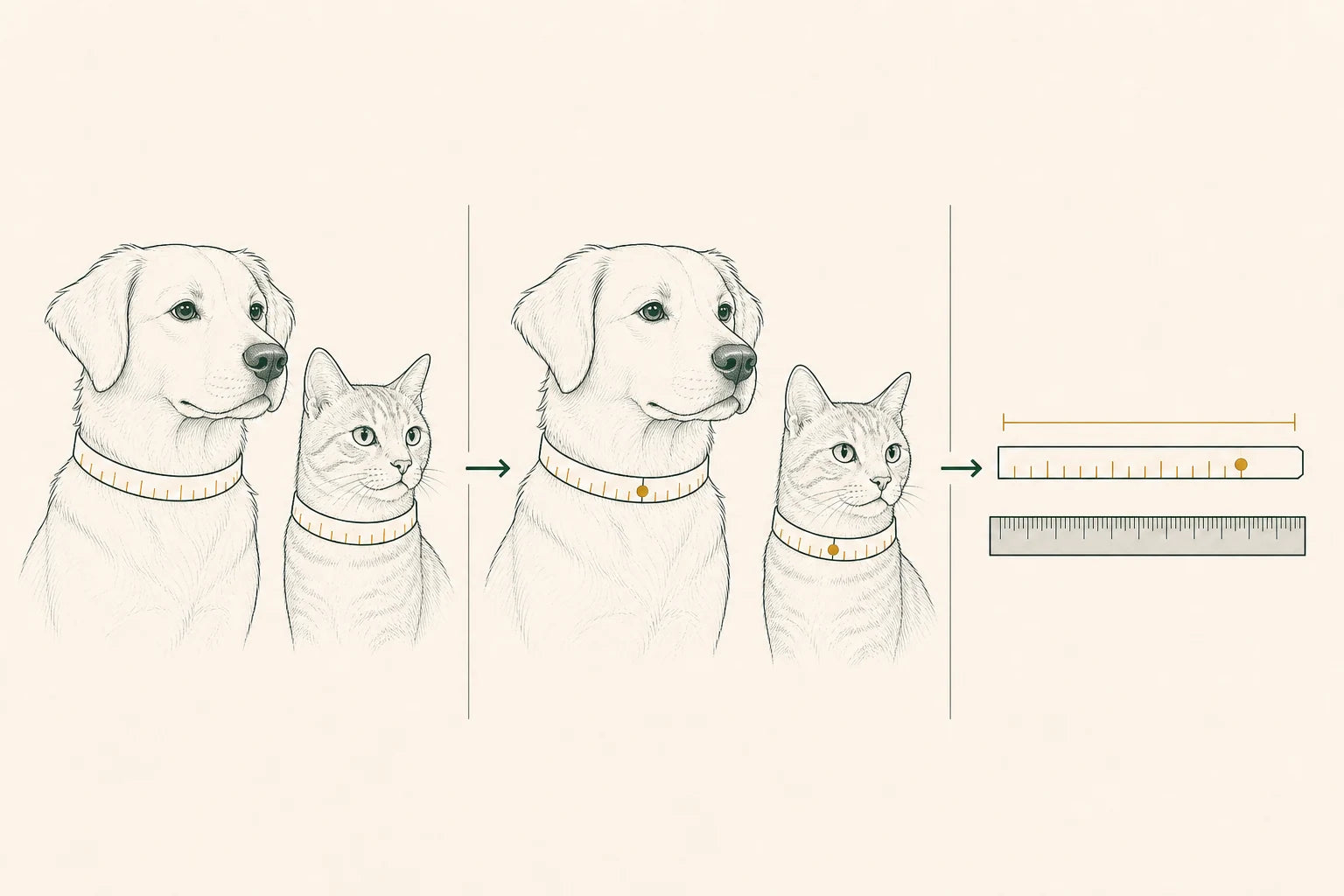 Dog and cat neck circumference measured at the intended wearing position, marked, then measured flat beside a ruler