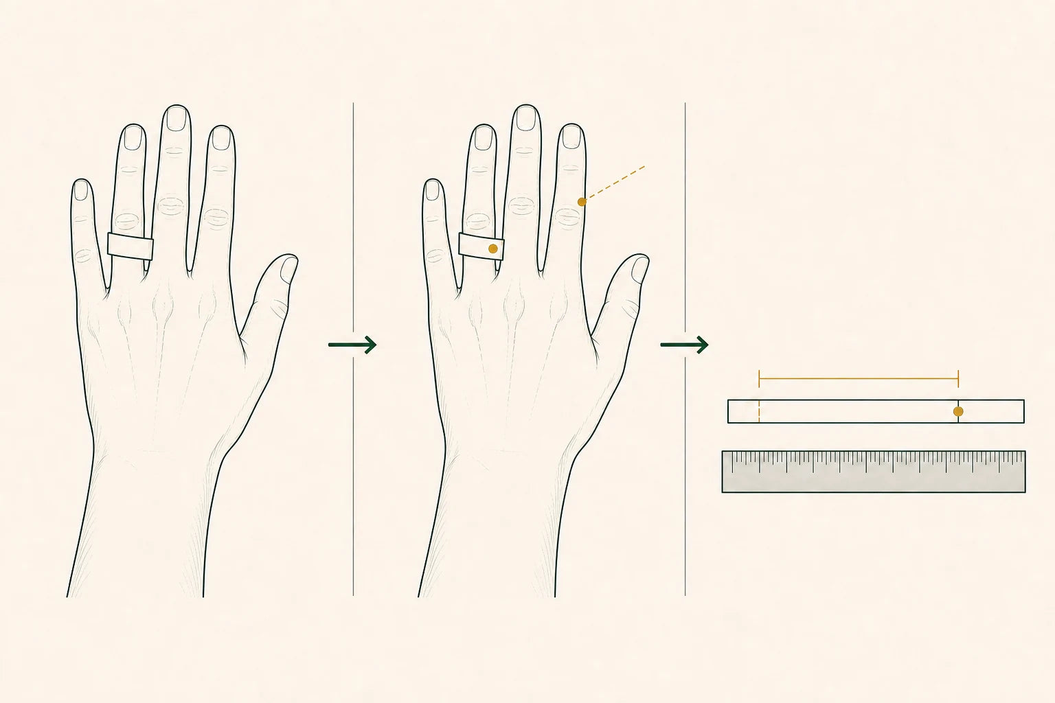 Three steps showing a narrow strip wrapped around the intended finger, marked, then measured flat beside a ruler