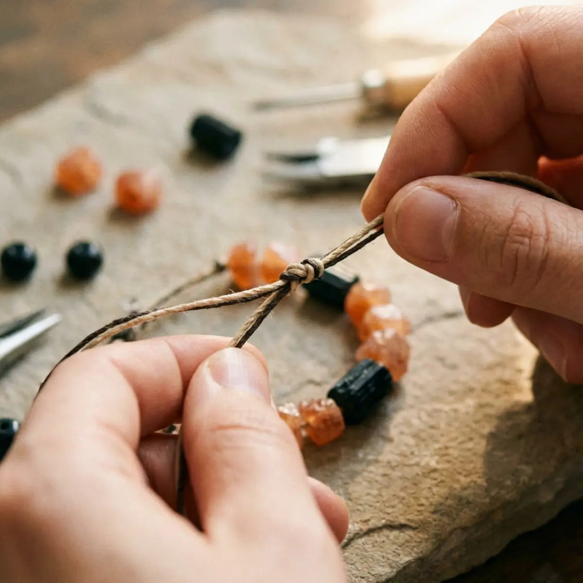A one-of-one bracelet being hand-knotted on waxed thread