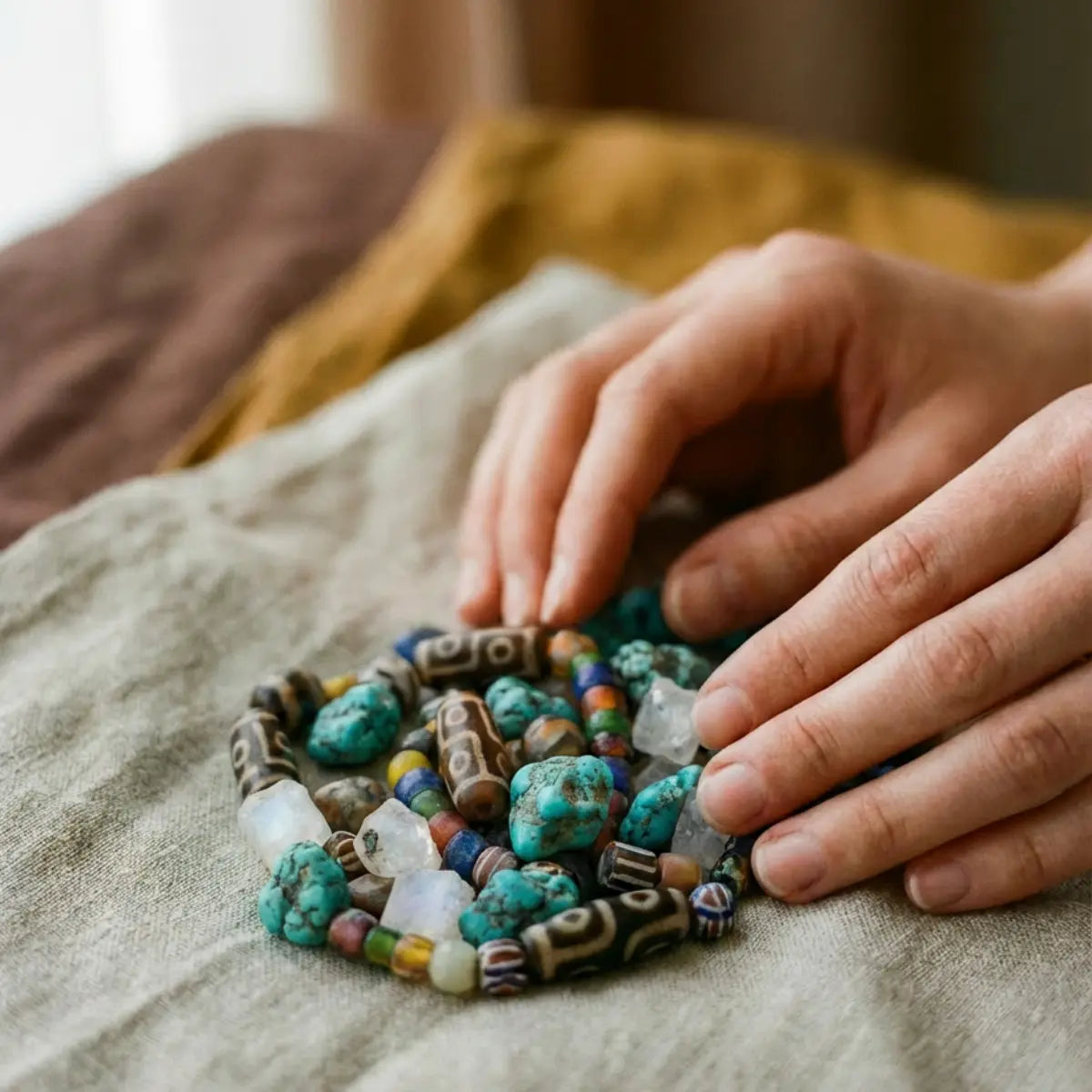 Hands selecting turquoise, dzi beads, and quartz on linen