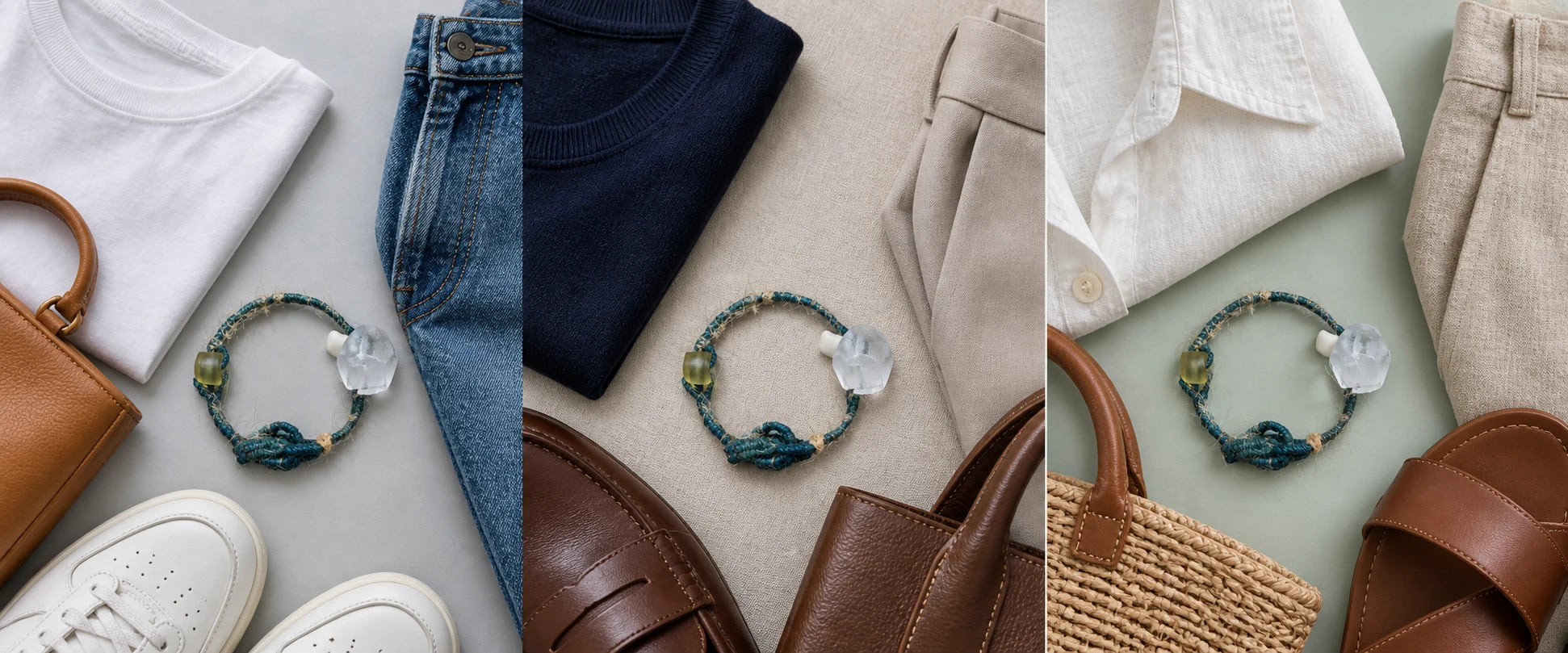 White cotton, easy denim — The Zen #08 | Patina Glass Bead Energy Bracelet