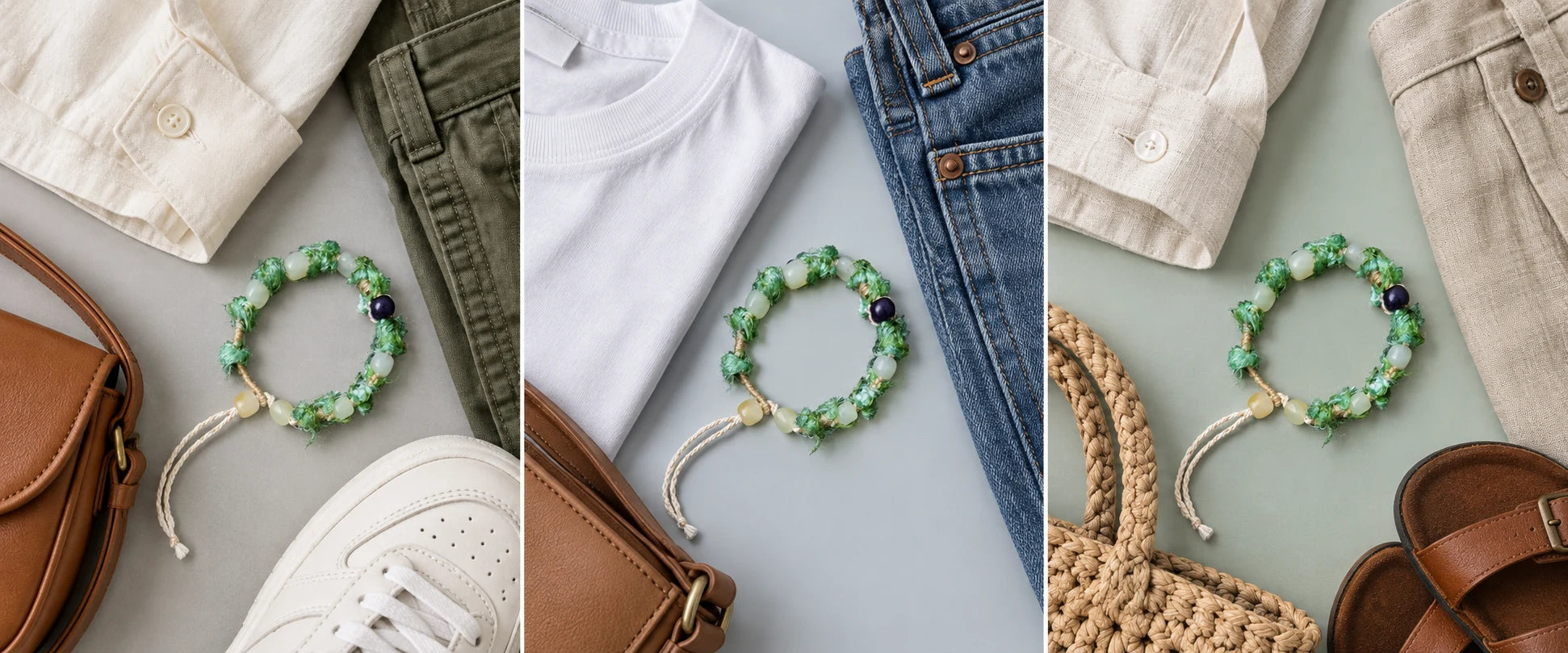 Cream cotton, olive tones — The Oasis #13 | Hetian White Jade & Banana Silk Bracelet