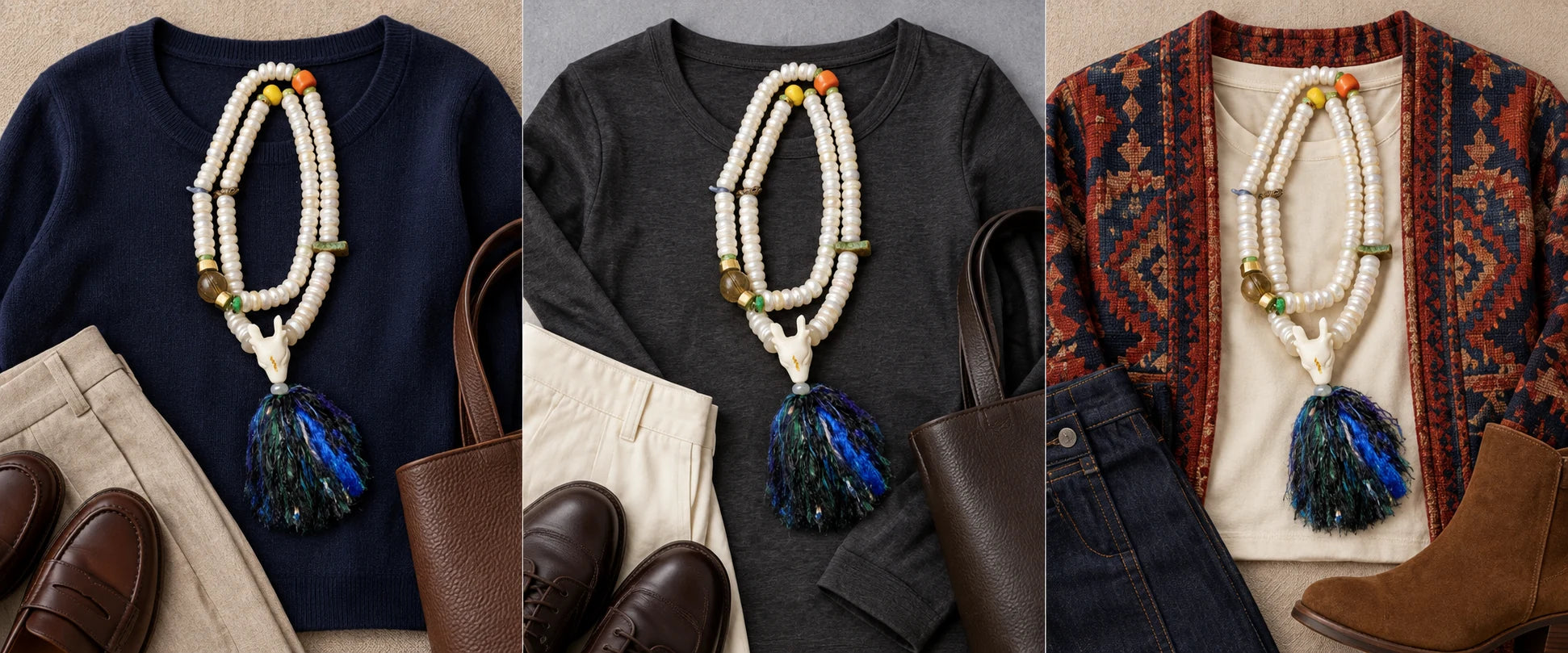 Navy knit, clean lines — The Seer #16 | 10mm Pearl & Antler 108 Mala