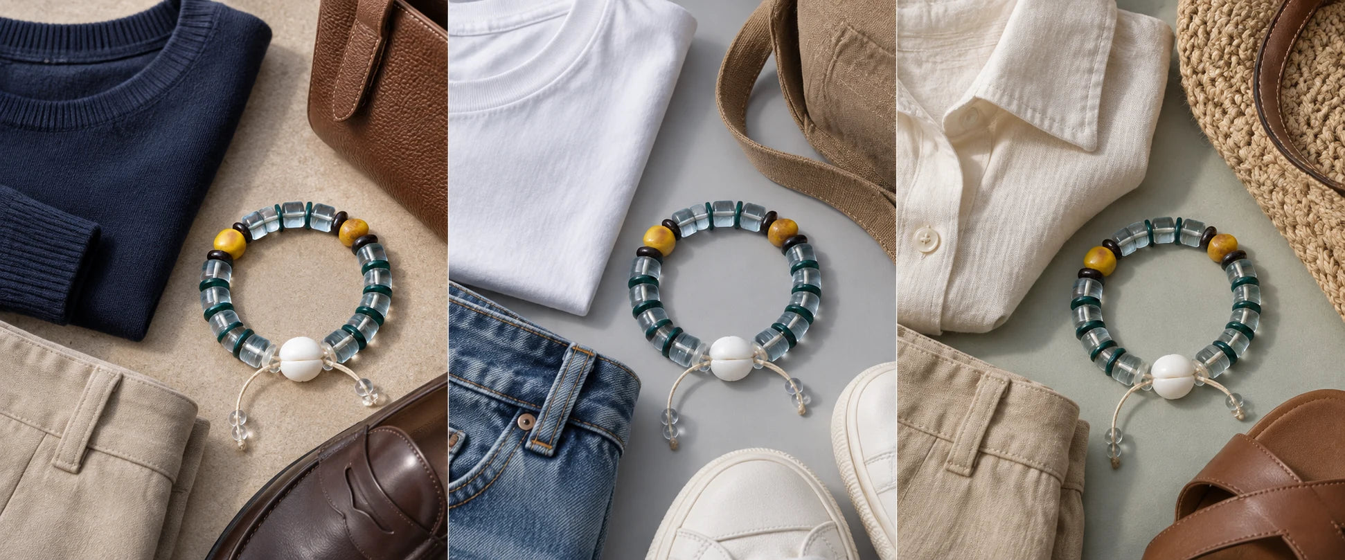 Navy knit, clean lines — The Vow #26 | Himalayan Sacred Conch & Yellow Amber Wrist Mala