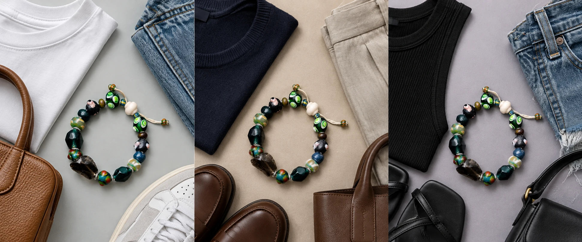 White cotton, easy denim — The Warden #32 | Himalayan Smoky Quartz & Tibetan Dzi Protection Bracelet