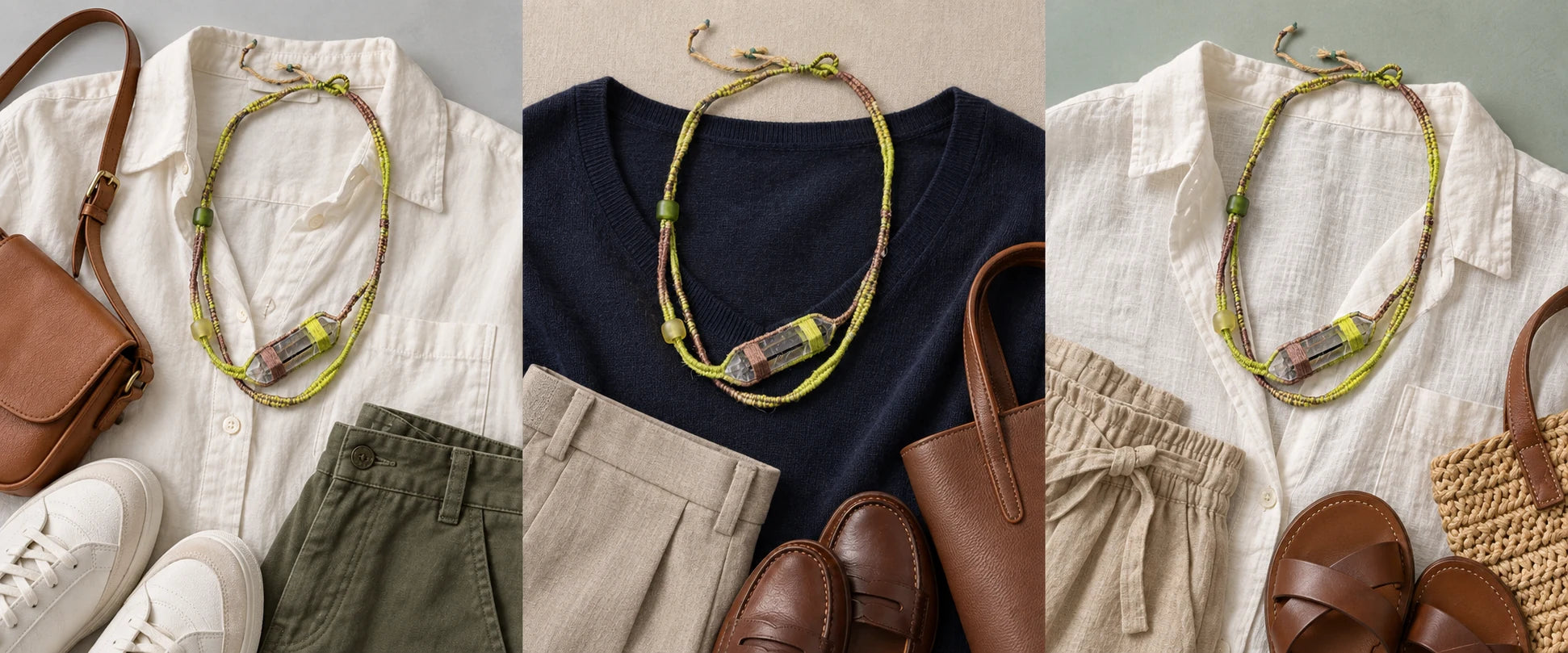 Cream cotton, olive tones — The Mindfulness #01 | Himalayan Clear Quartz Wrap Bracelet & Necklace