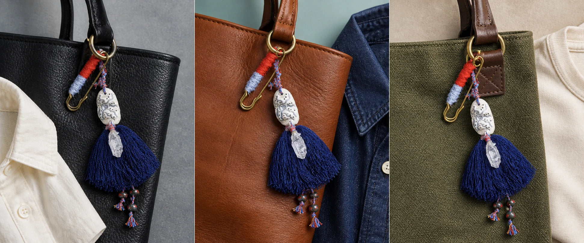 A sturdy everyday tote — The Oracle #06 | Hand-Painted Clay & Quartz Bag Talisman