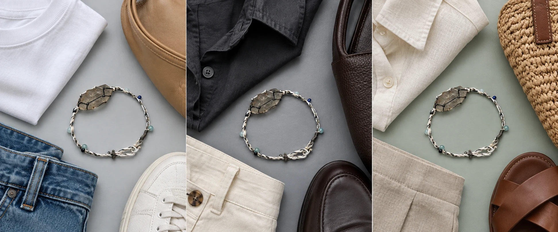 White cotton, easy denim — The Alchemist #09 | Himalayan Smoky Quartz Macrame Bracelet