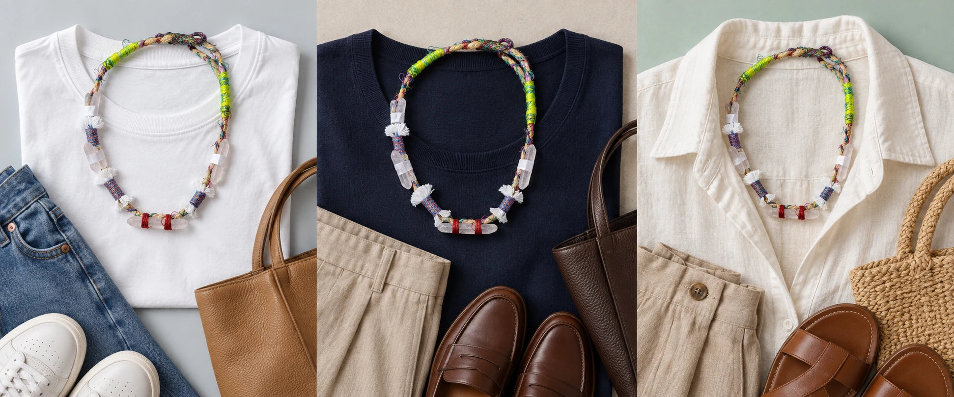 White cotton, easy denim — The Primal #11 | Himalayan Quartz & Silk Wrap Bracelet & Necklace